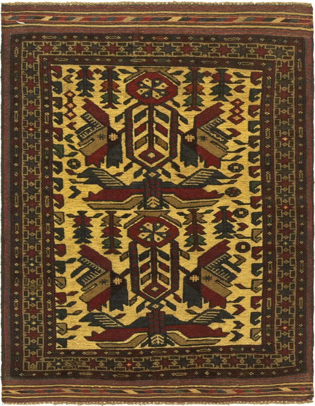 A 3x5 rectangular Sumak rug with a gold background and traditional tribal medallion patterns in red, brown, and dark green.