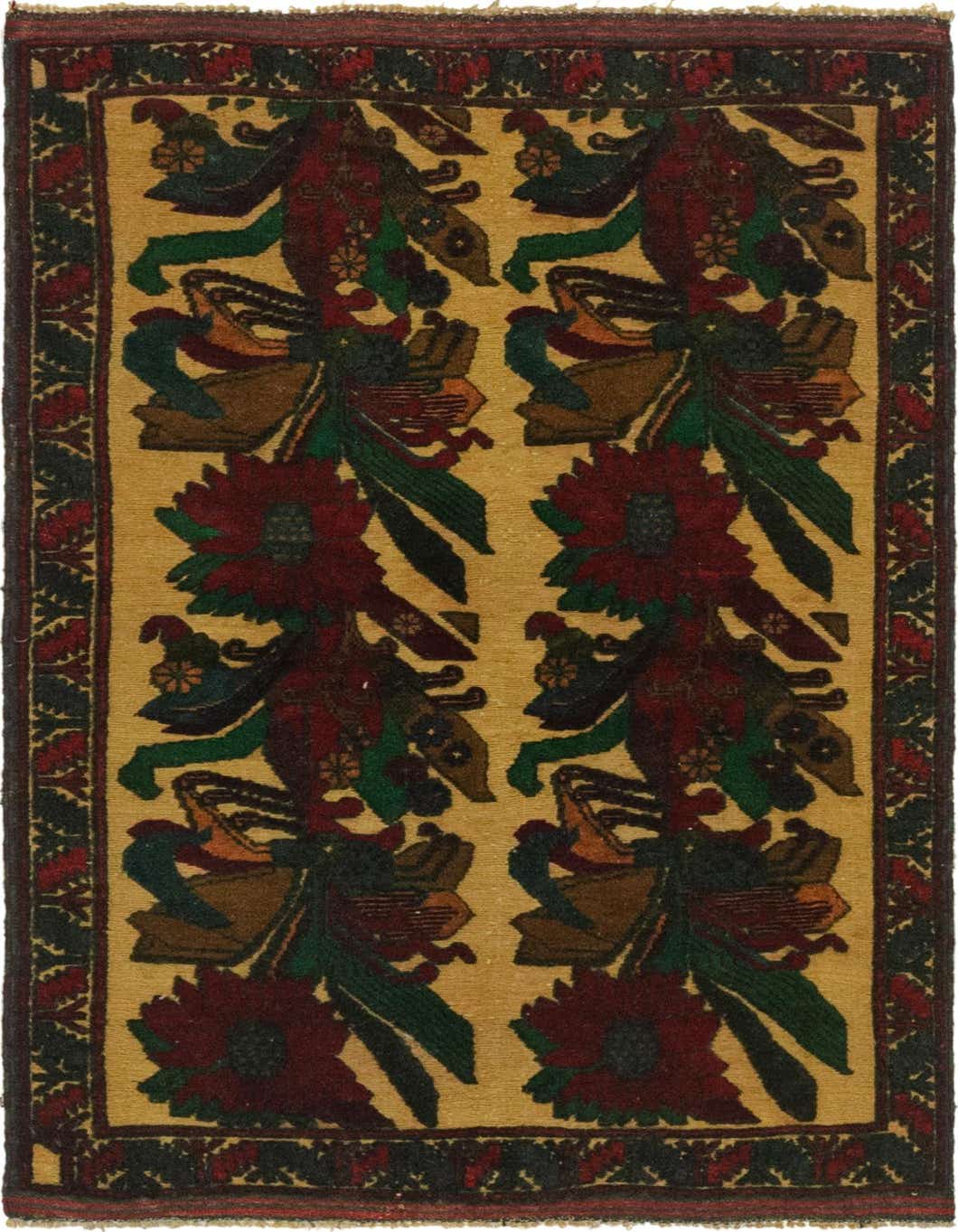 A 3x5 rectangular Sumak rug with a traditional tribal pattern in reds, greens, and browns on a cream background, featuring stylized floral and animal motifs.