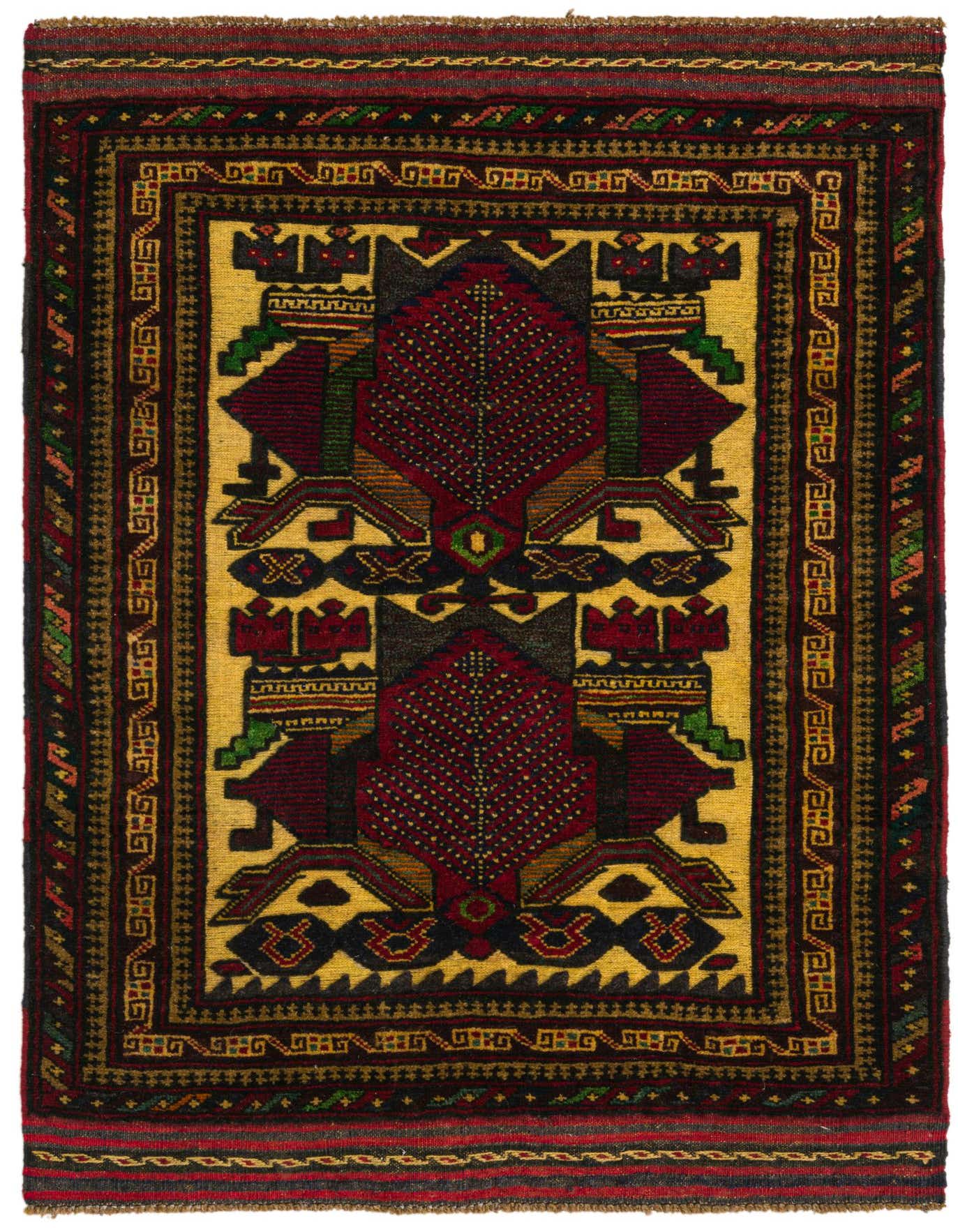 A 3x4 rectangular Sumak rug featuring a bold red tribal medallion on a golden-yellow field with intricate borders.