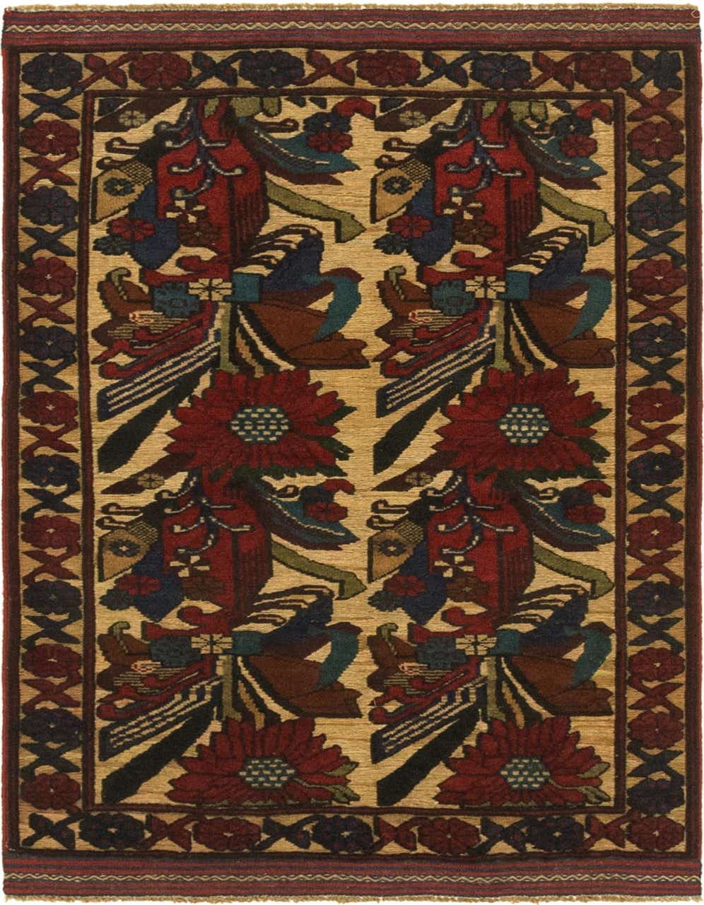 A 3x4 rectangular Sumak rug with a traditional botanical and tribal pattern in reds, blues, greens, and browns on a cream background, featuring large floral motifs and intricate borders.