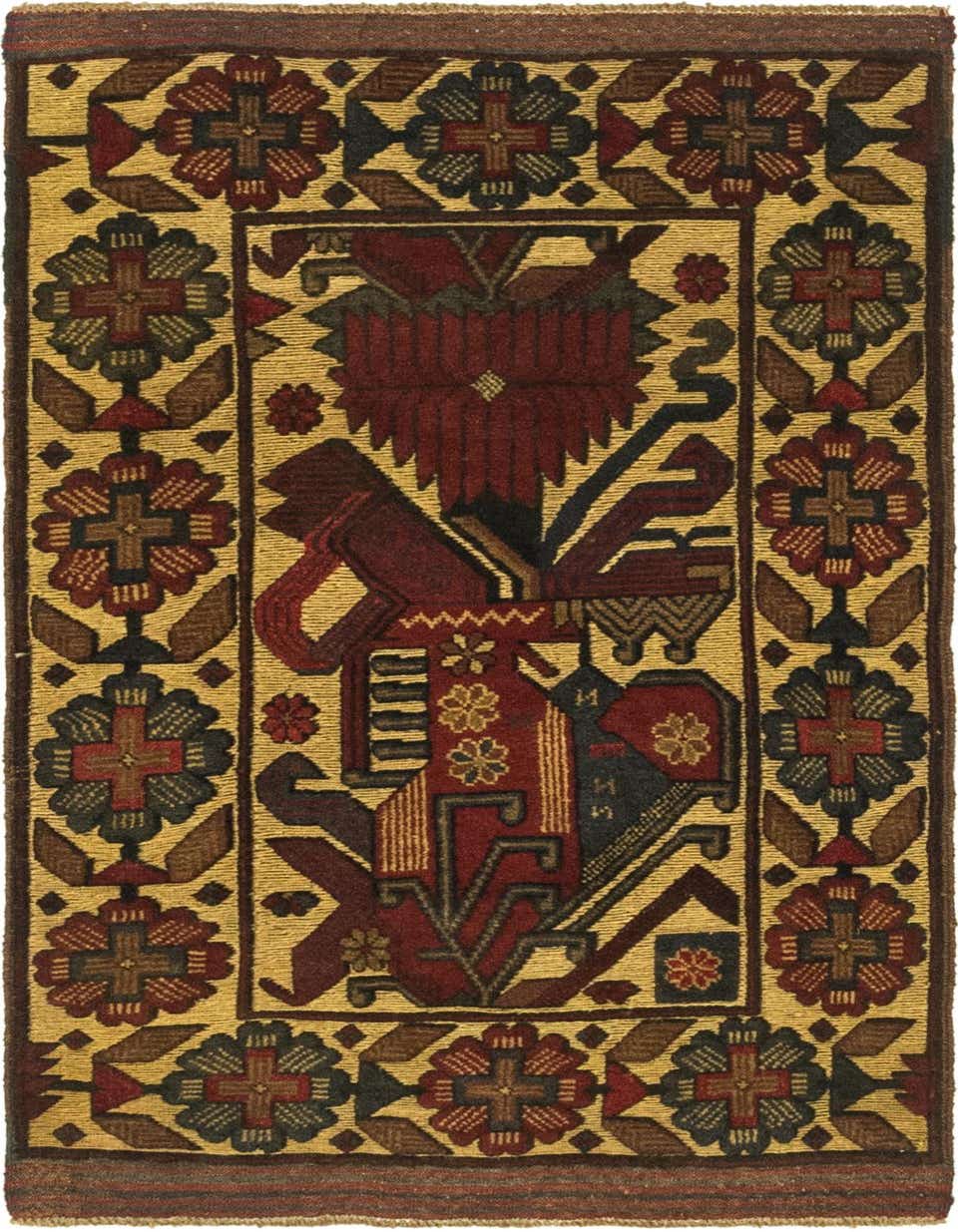 A 3x5 rectangular Sumak rug with a traditional tribal medallion pattern in reds, golds, and blues.
