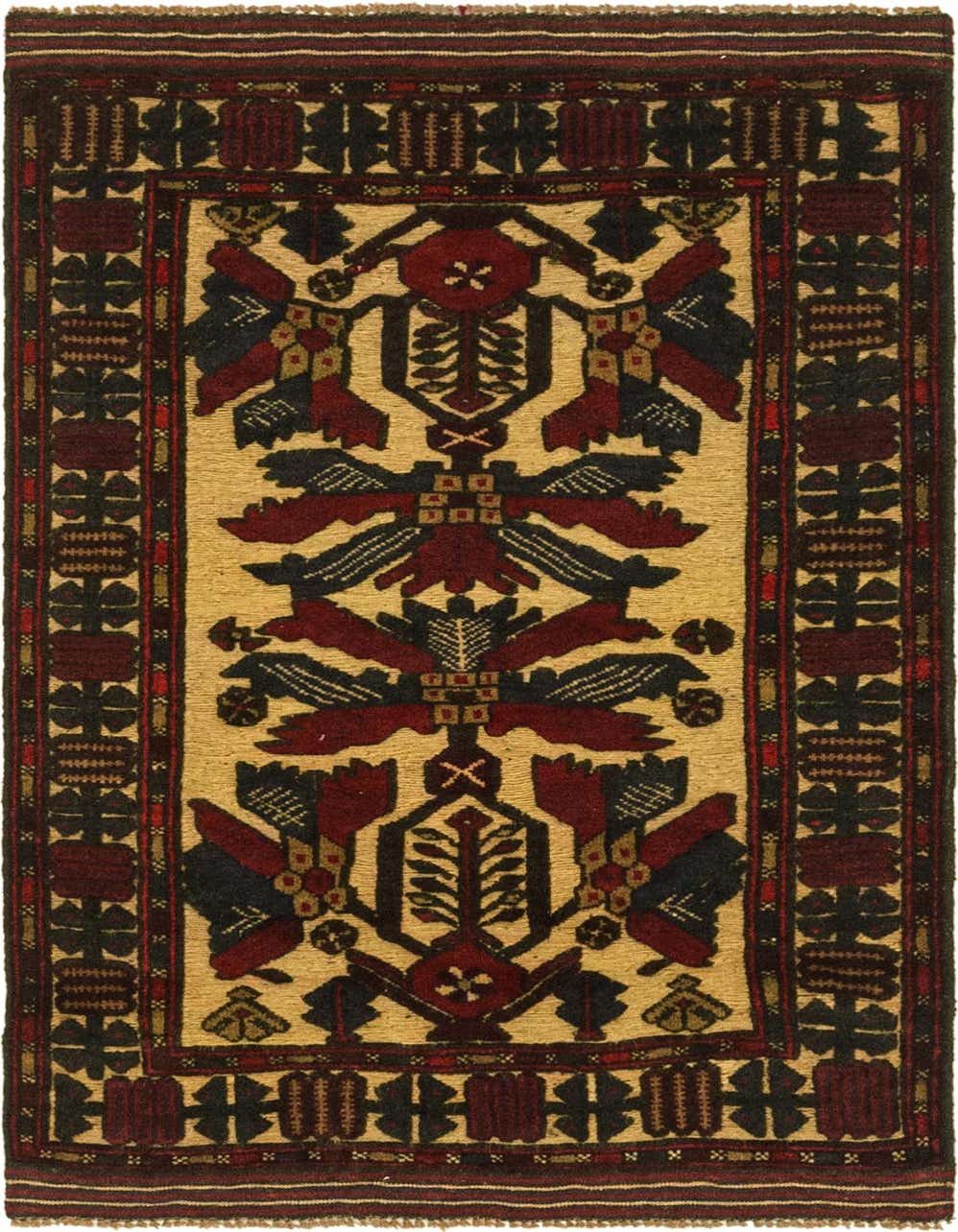 A 3x4 rectangular Sumak rug with a traditional tribal pattern in reds, black, and beige, featuring intricate motifs.