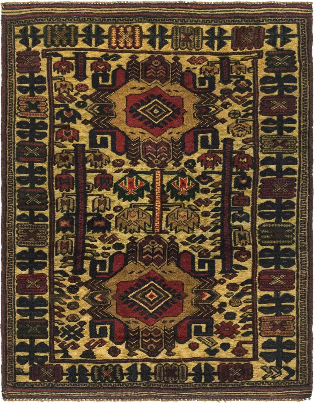 A 3x5 rectangular traditional Sumak wool rug with a flat pile, featuring a detailed pattern in shades of red, gold, and dark accents, ideal for an entryway or kitchen.