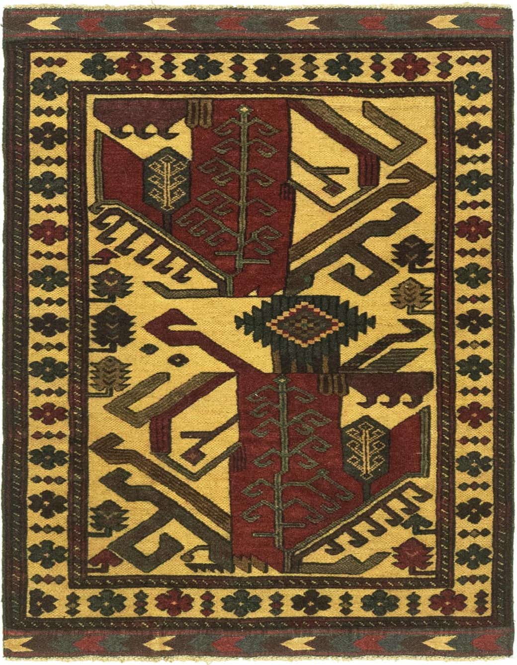 A 3x5 rectangular Sumak rug with a traditional pattern in shades of red, gold, and dark accents.