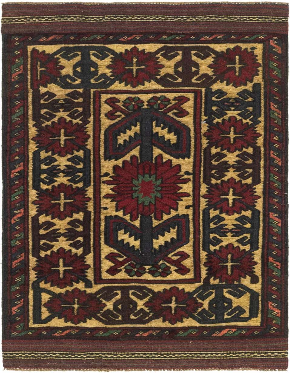 A 3x4 rectangular Sumak rug with a traditional tribal medallion pattern in shades of red, black, and gold, featuring a flat pile.