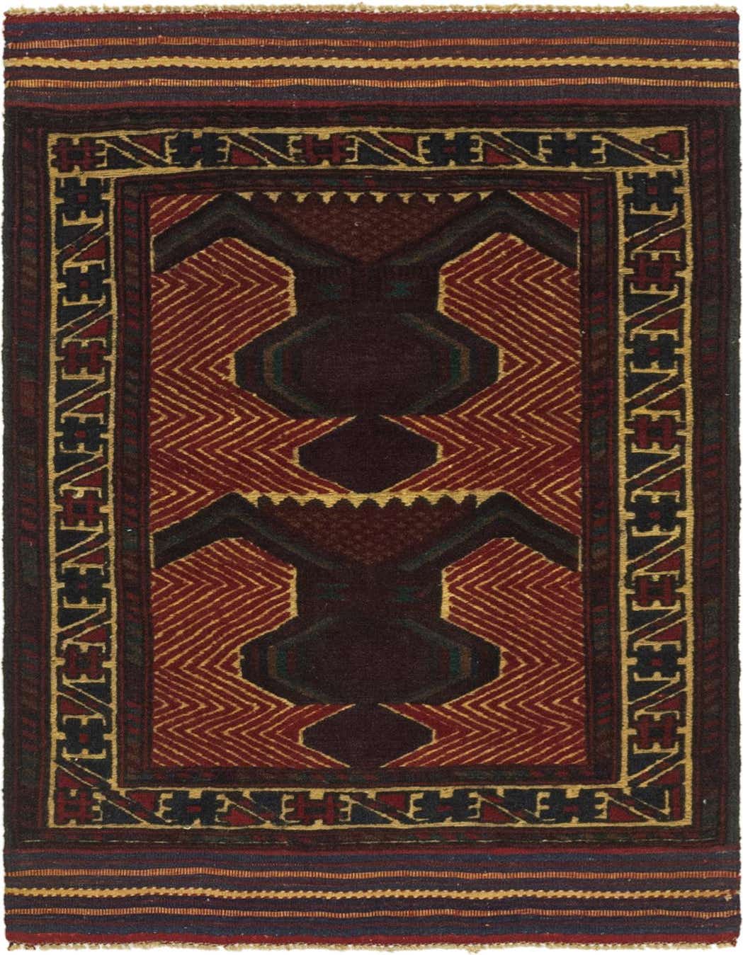 A 3x4 rectangular Sumak rug with a traditional tribal medallion pattern in deep reds, burgundy, and gold, featuring geometric motifs and a flat pile.