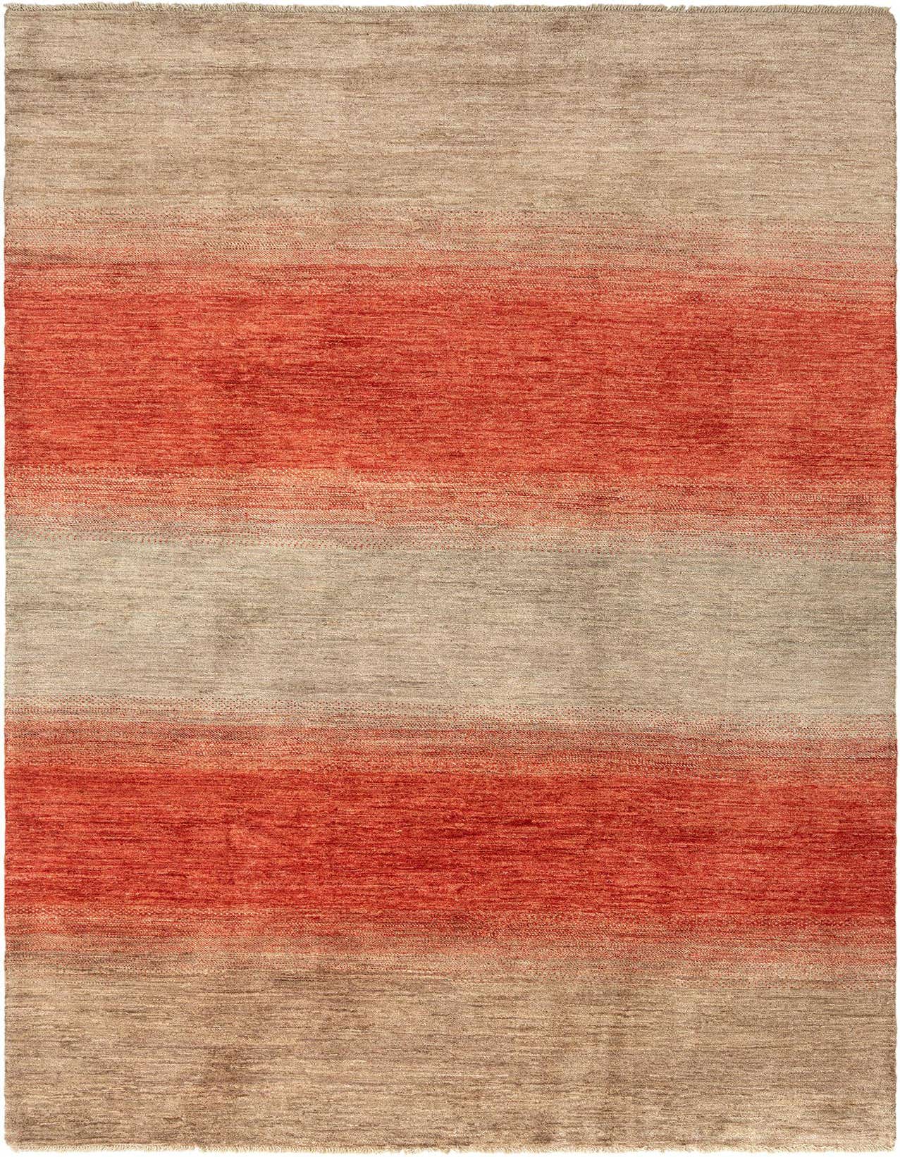 A 7x10 rectangular Tabiibaft Persian rug with horizontal stripes of varying red and natural wool tones.