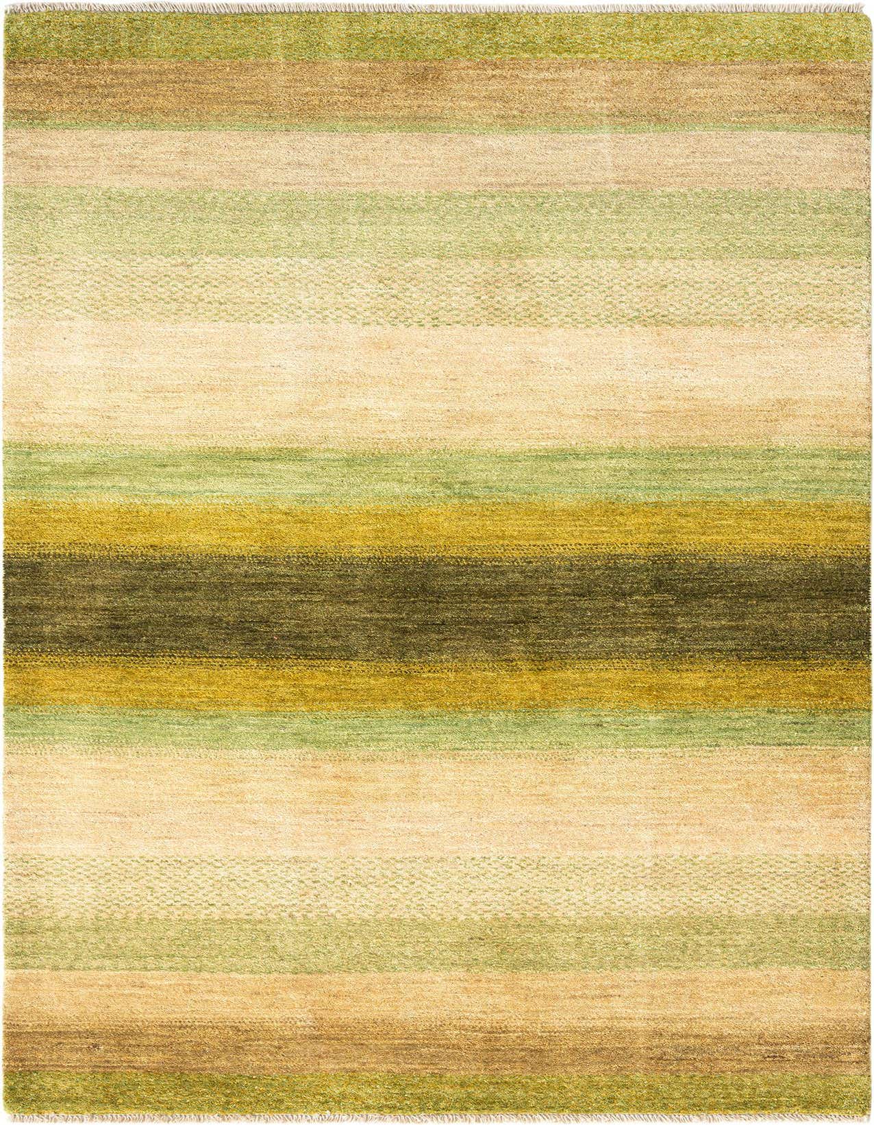 A rectangular 4x6 wool rug with horizontal stripes in varying shades of green, gold, and beige, featuring a subtle textured pattern.