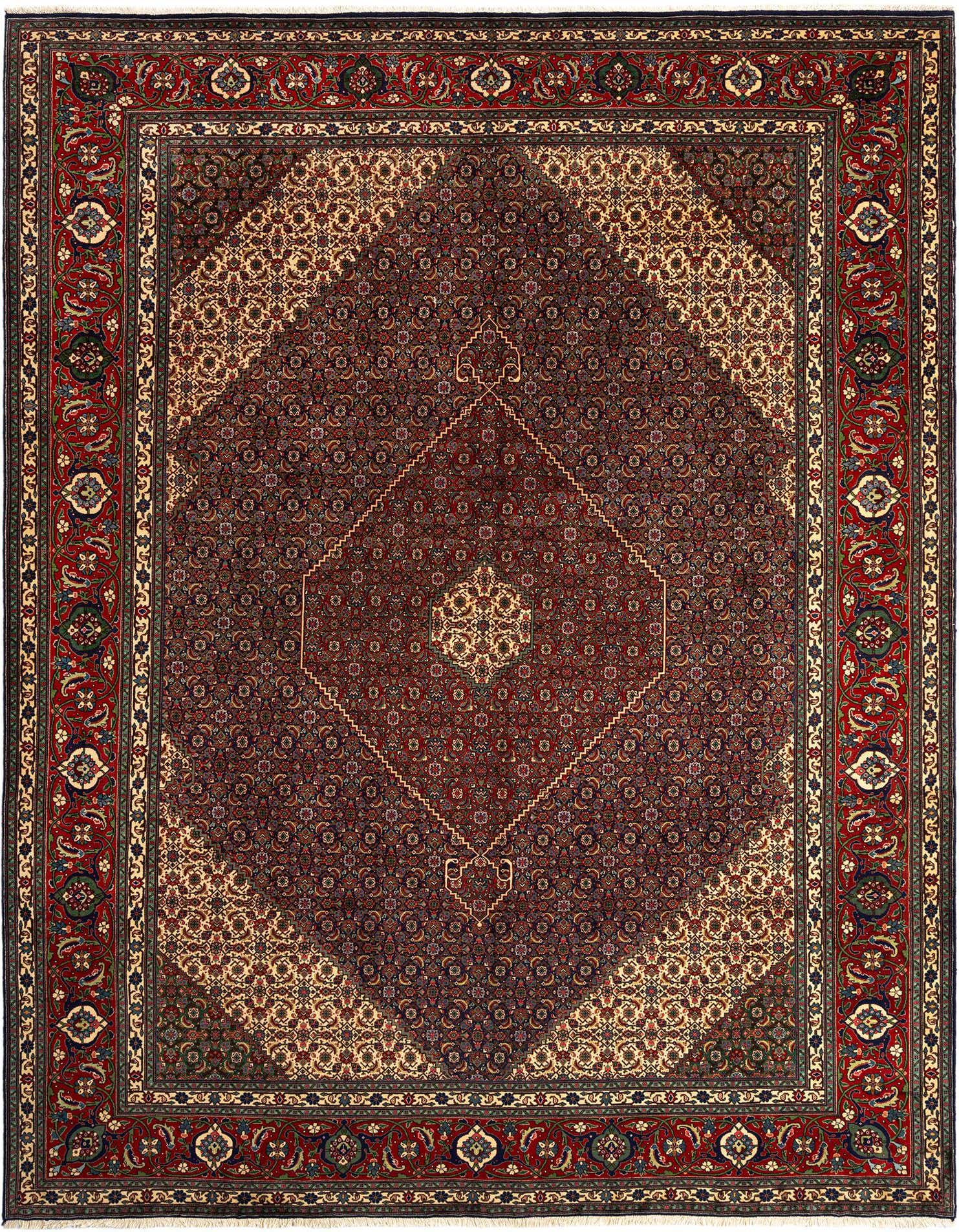 A rectangular 10x13 Tabriz Mahi Persian rug with a rich red field, intricate floral patterns, and a central medallion.