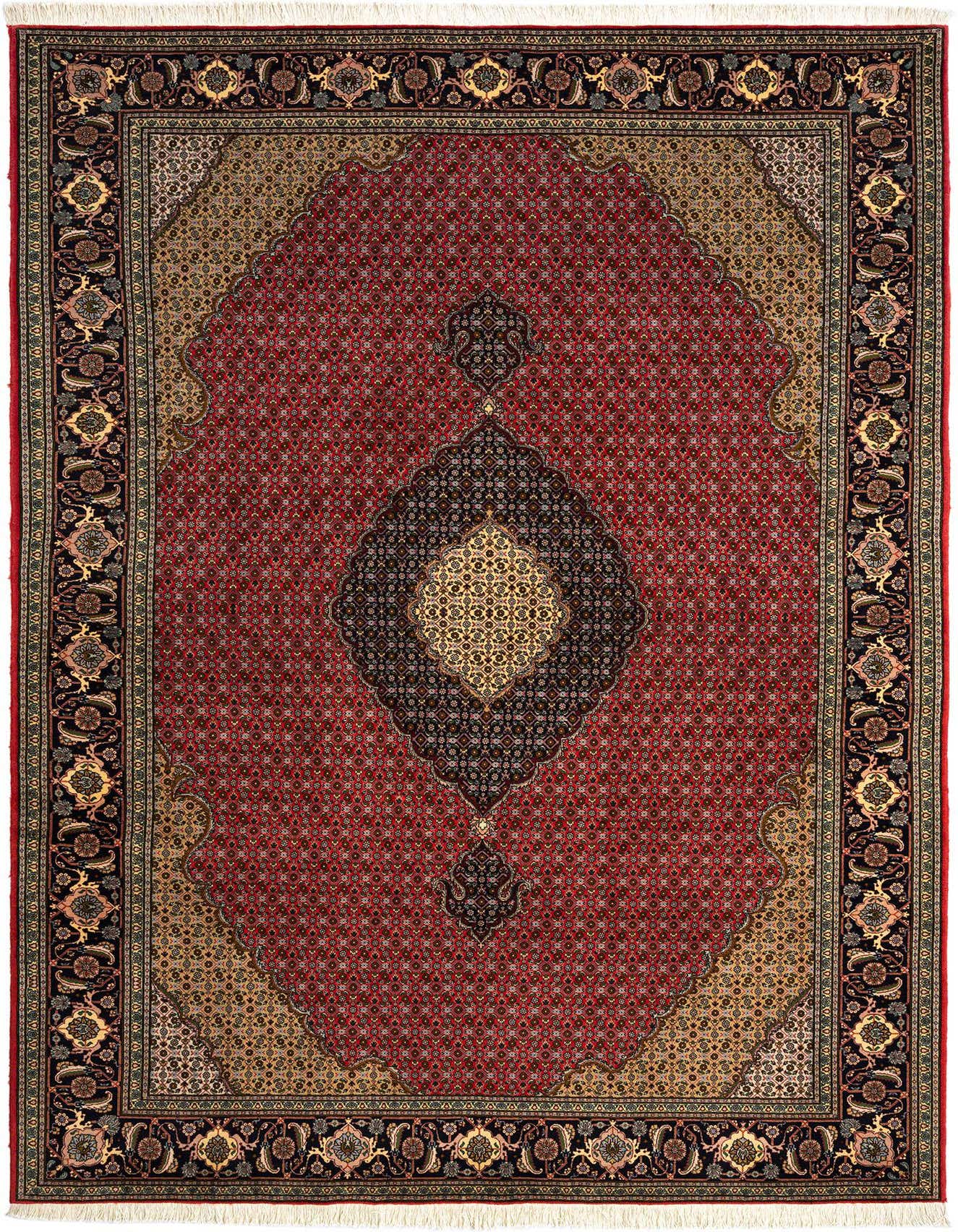 A 7x10 rectangular Tabriz Mahi Persian rug with a rich red field, intricate floral patterns, and a central medallion in gold and black, surrounded by a detailed border.