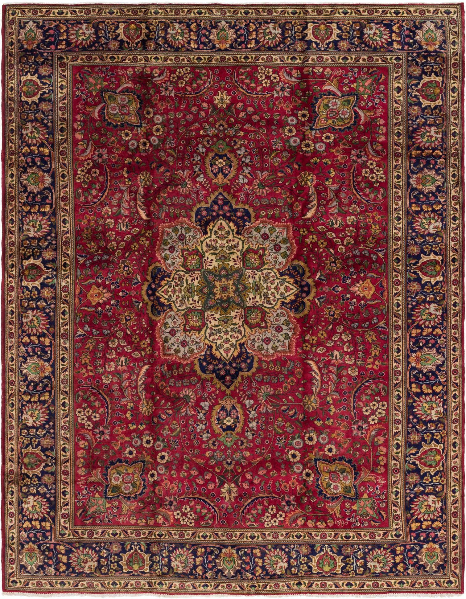 A 10x13 rectangular Tabriz rug featuring a rich red field with intricate botanical and medallion patterns, bordered by a navy frame.