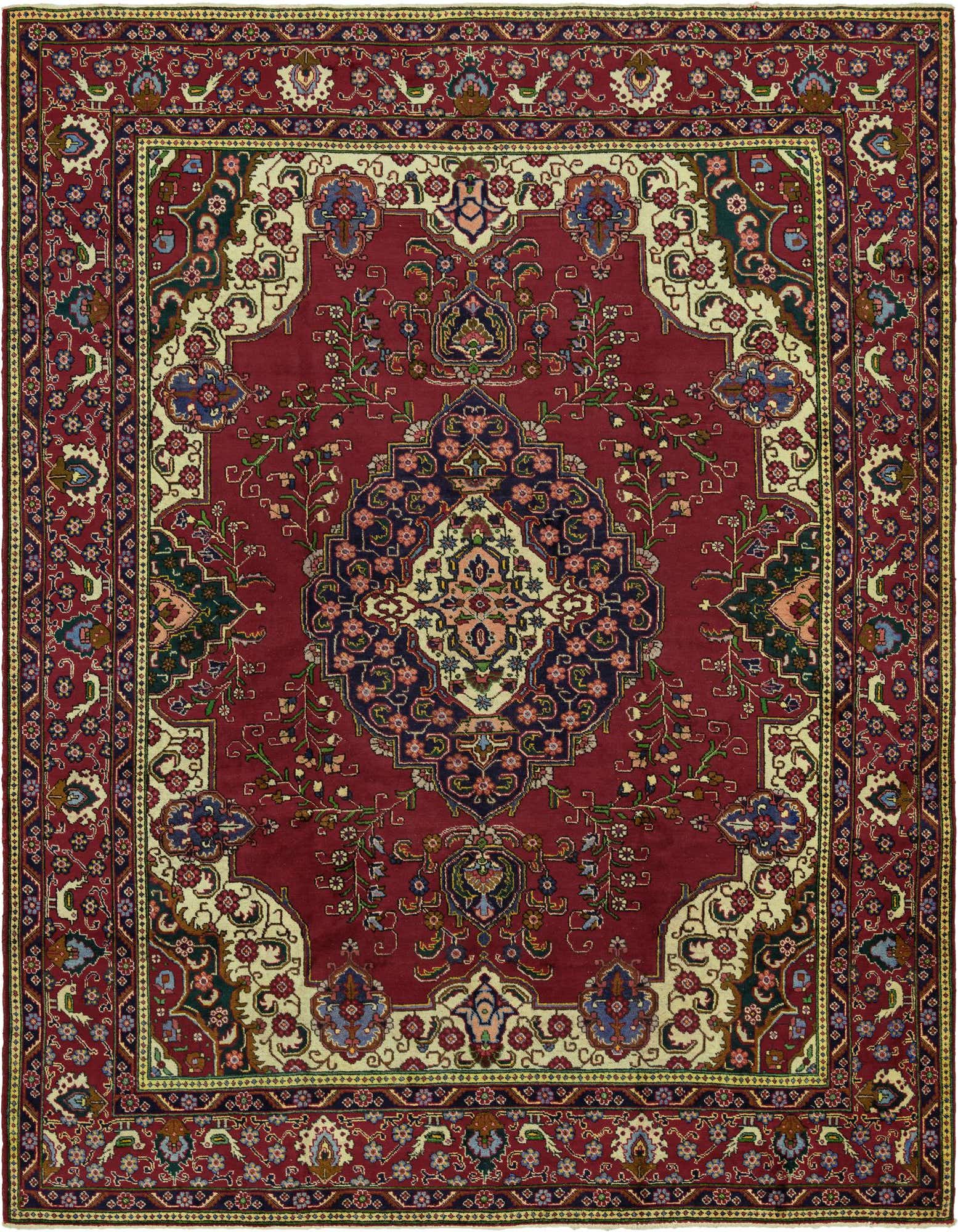 A 10x13 rectangular red Persian rug with an intricate floral medallion pattern and a detailed border.