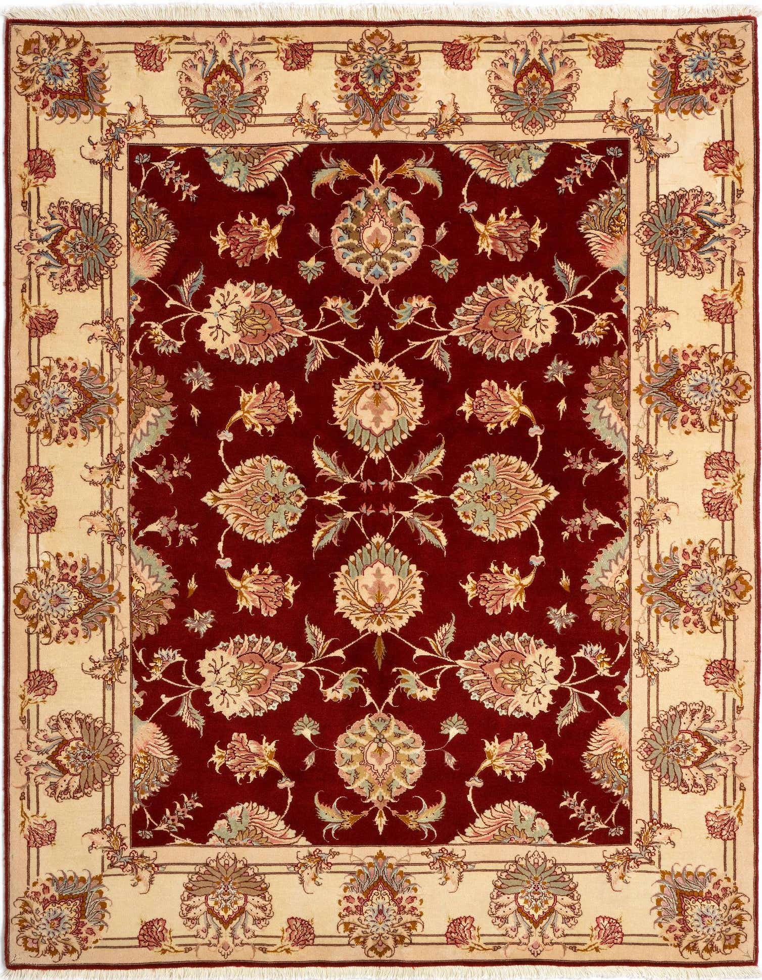 A 4x6 rectangular handmade Persian rug with a deep red field and an ornate floral pattern, framed by a cream border.