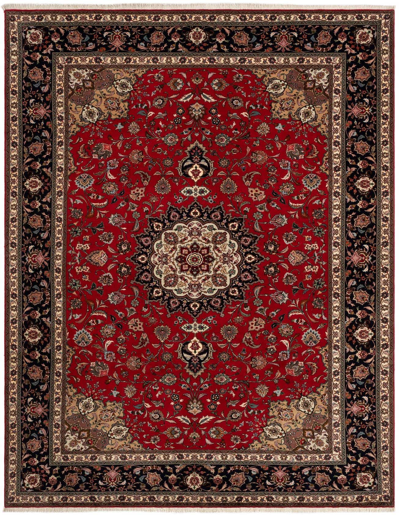 A 7x10 rectangular red Persian rug with an intricate floral medallion pattern and a dark border, suitable for a living room.