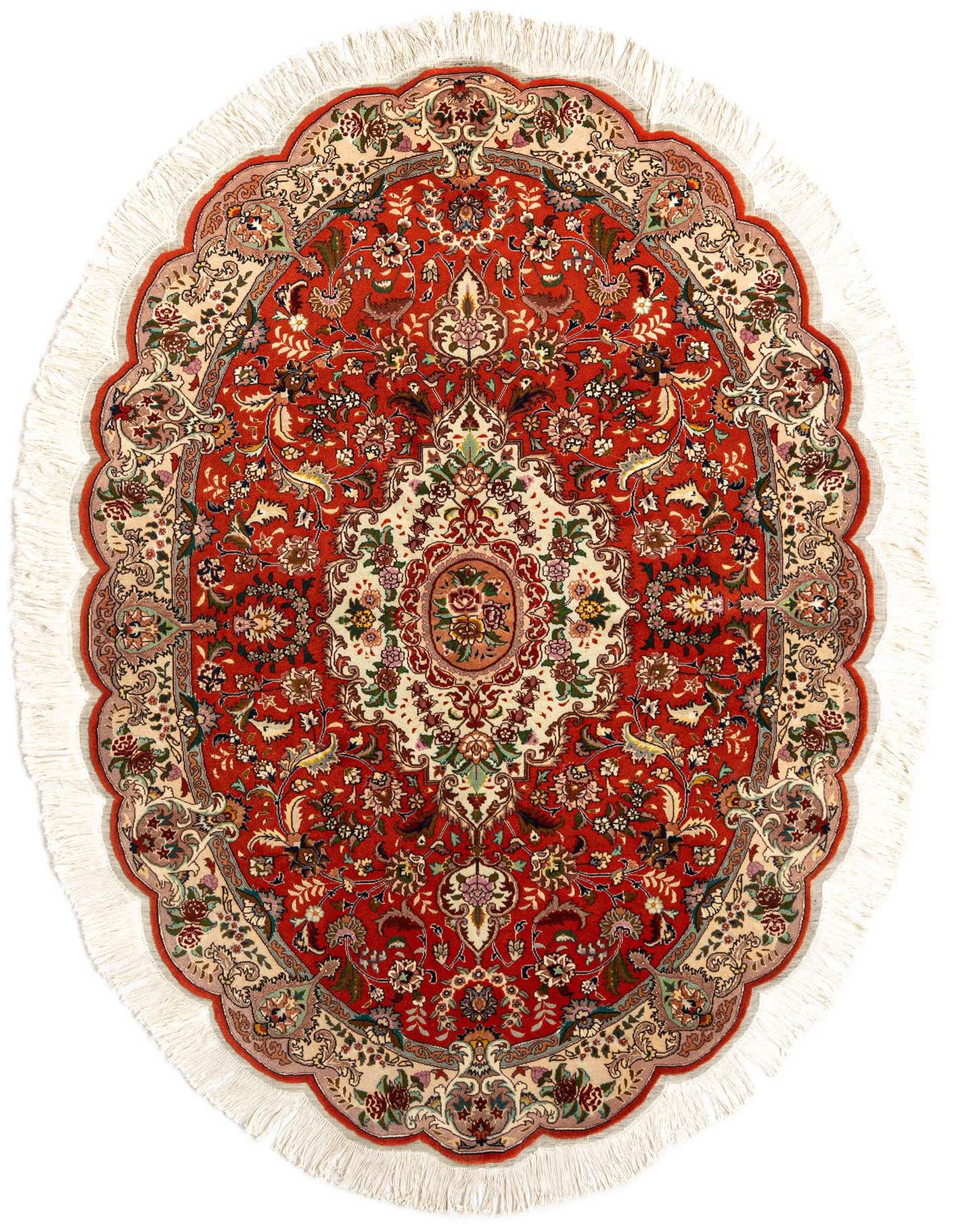 A handmade 4x6 rectangular red Persian Tabriz rug with intricate floral patterns and a scalloped border.