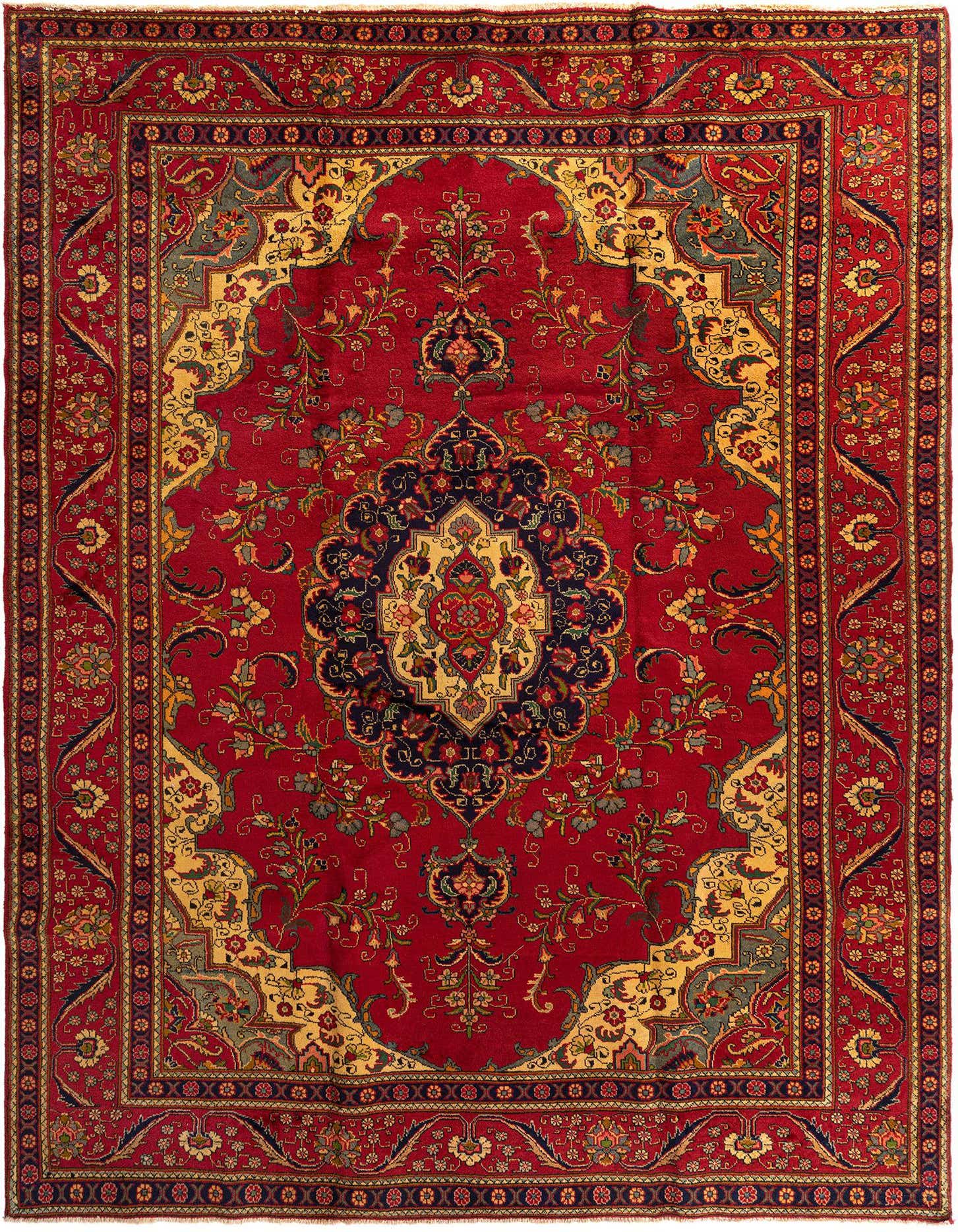 A 10x13 rectangular Persian Tabriz rug in rich red, featuring an intricate floral medallion design and ornate borders.