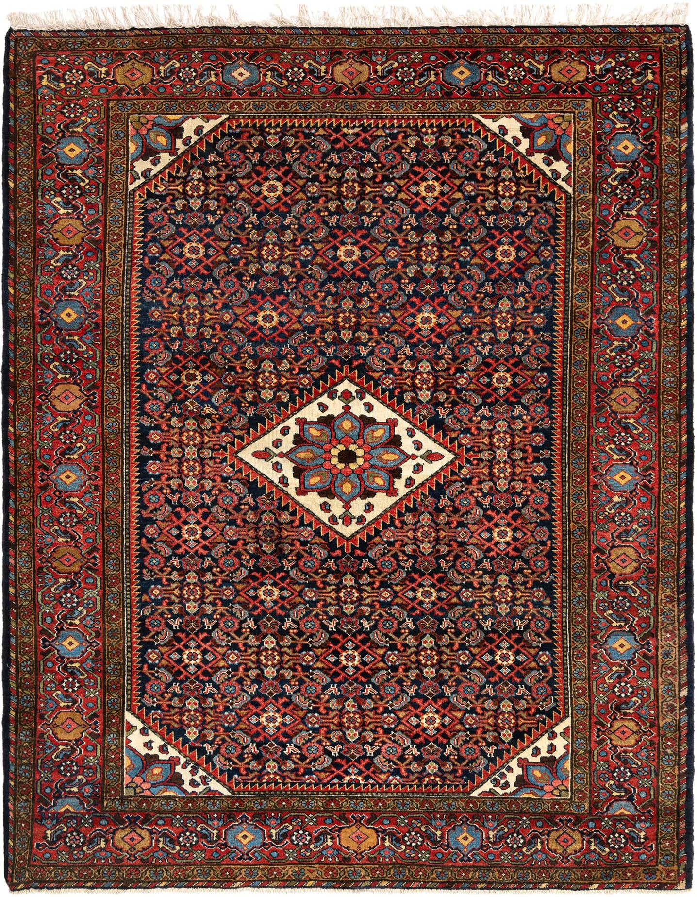A 4x6 rectangular Persian wool rug featuring a deep red border and a navy blue field with intricate floral and medallion patterns, handmade for indoor use.