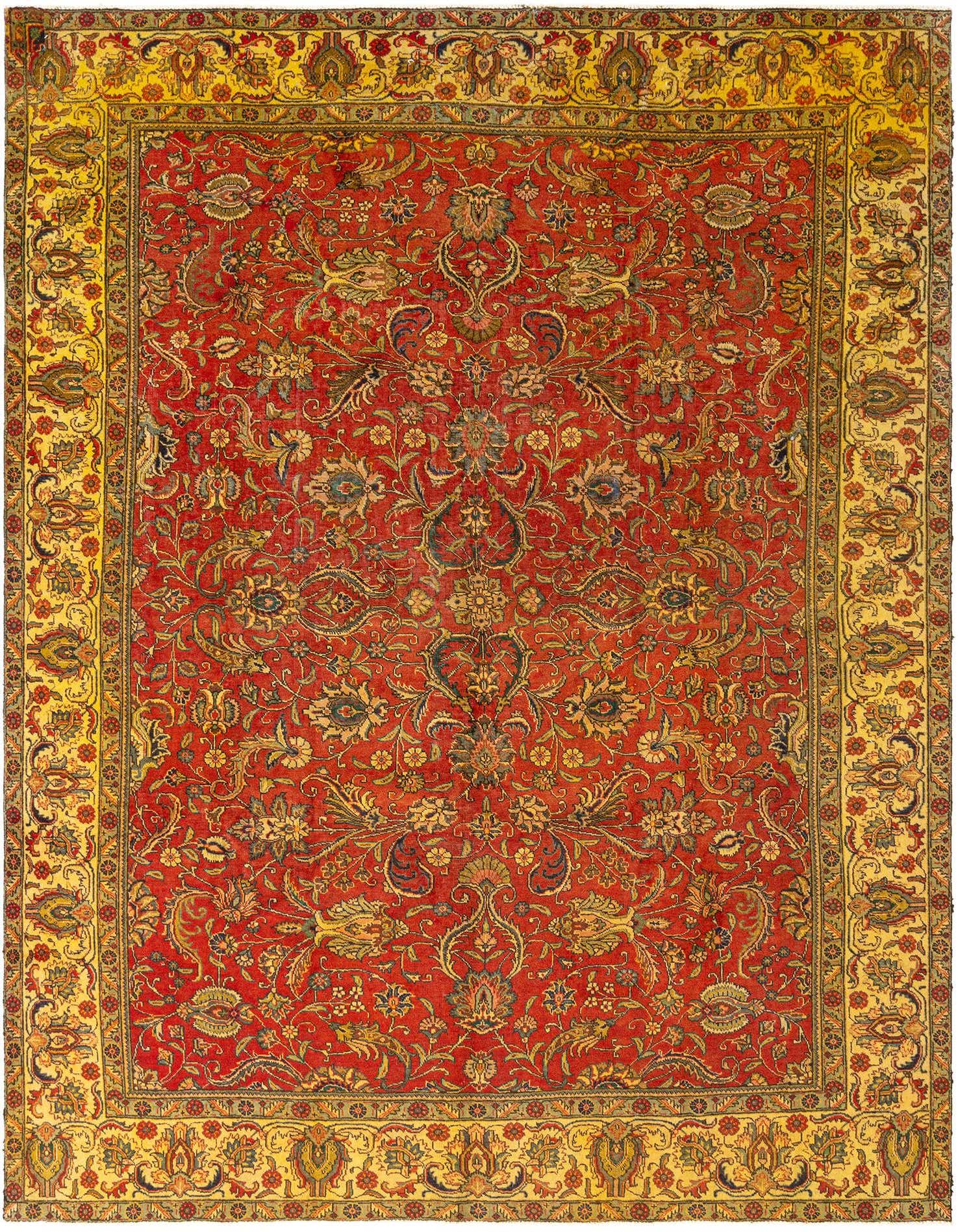 A large 9x12 rectangular Persian rug in rich reds with an intricate floral pattern and a golden yellow border.