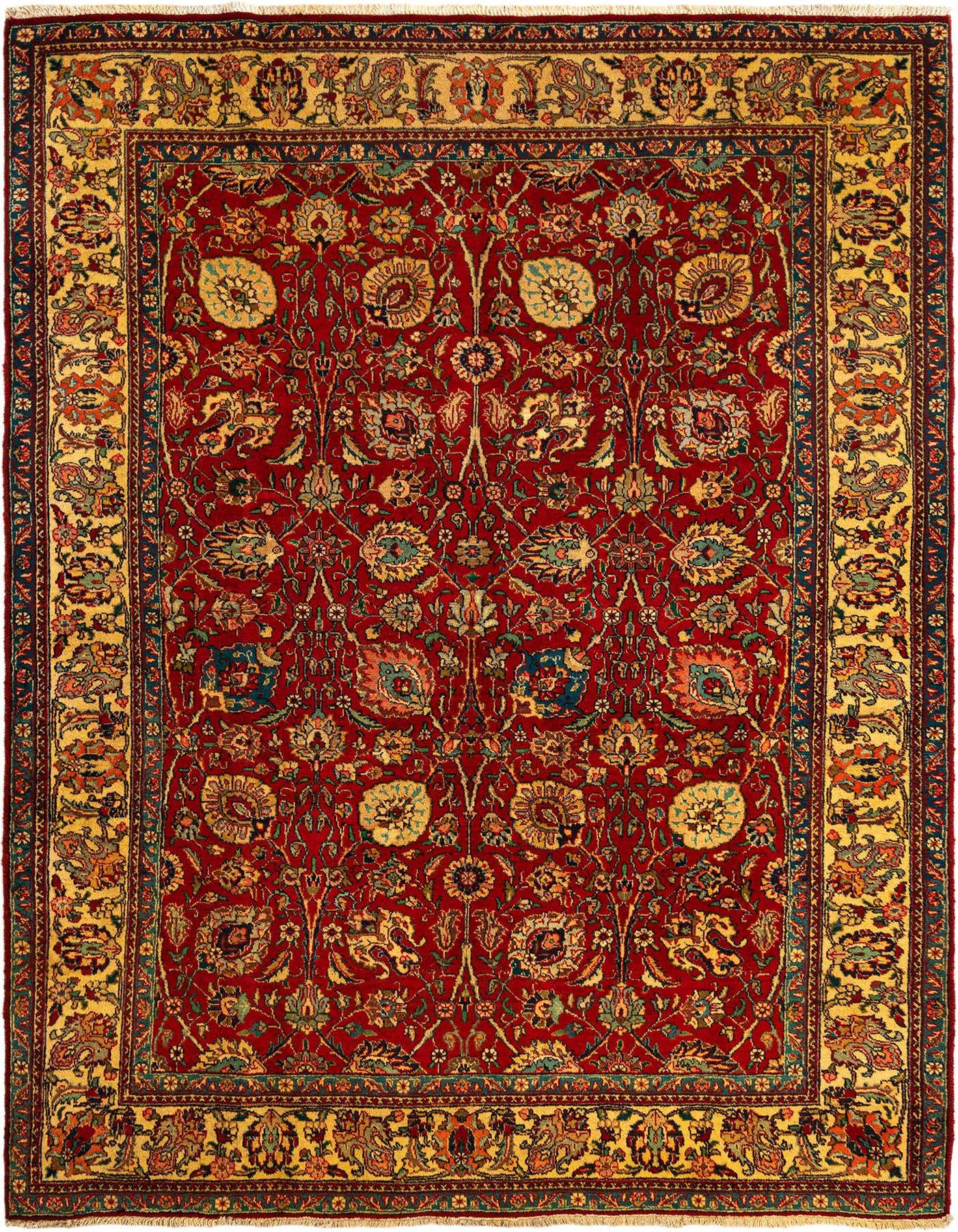 A rectangular 8x11 red Persian wool rug featuring an intricate floral and vine pattern with a gold border.