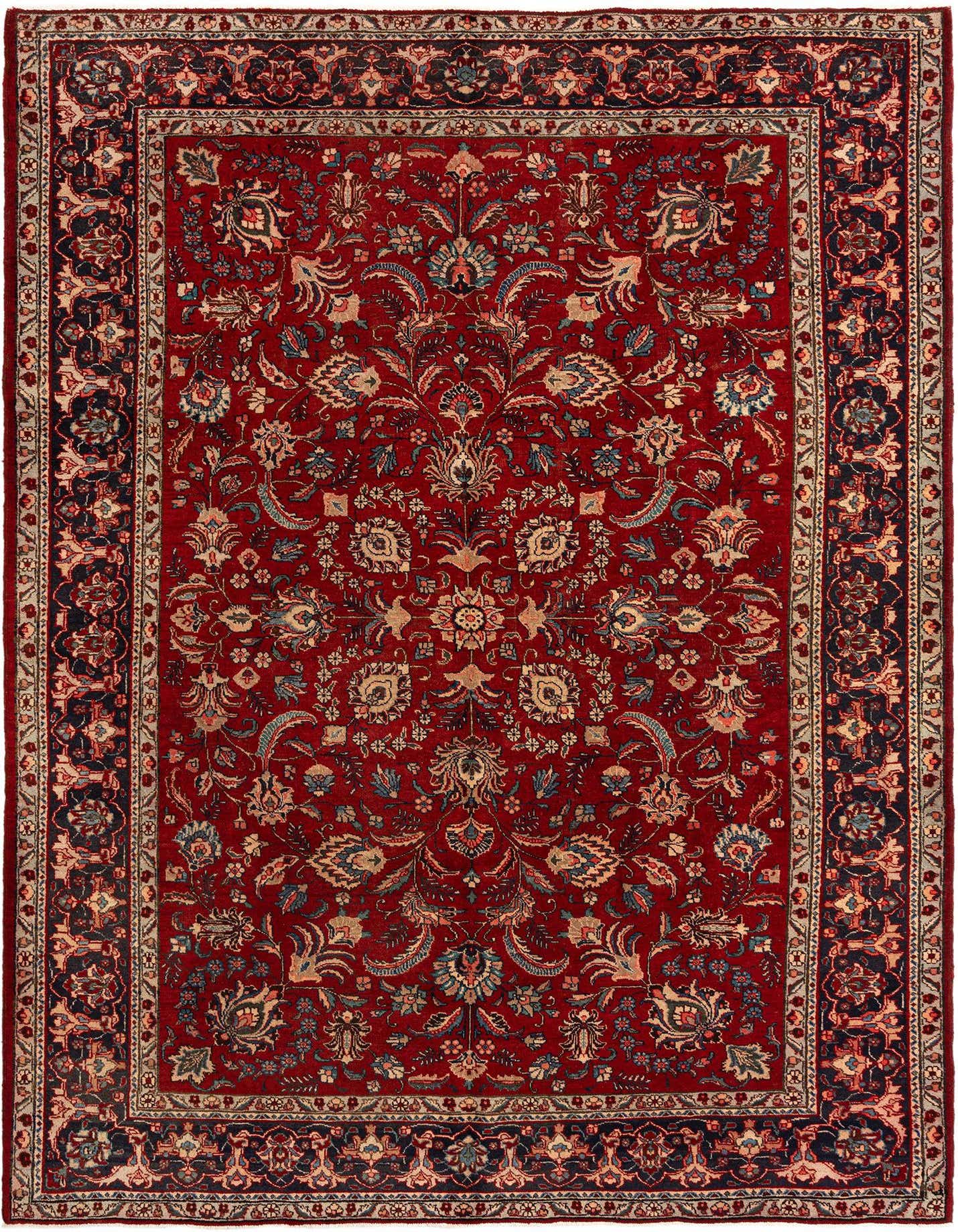 A 7x10 rectangular red Persian wool rug with intricate floral and vine patterns in navy, cream, and light blue.