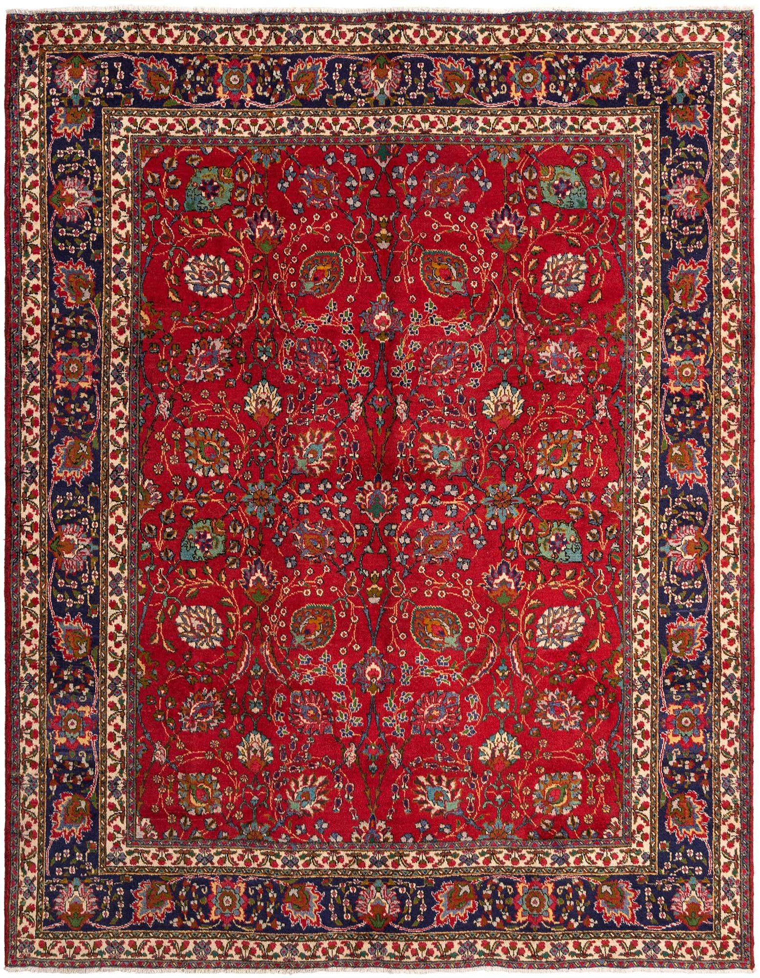 A 10x13 rectangular red Persian wool rug with intricate floral and vine patterns in blue, green, and gold, featuring a dark blue border.