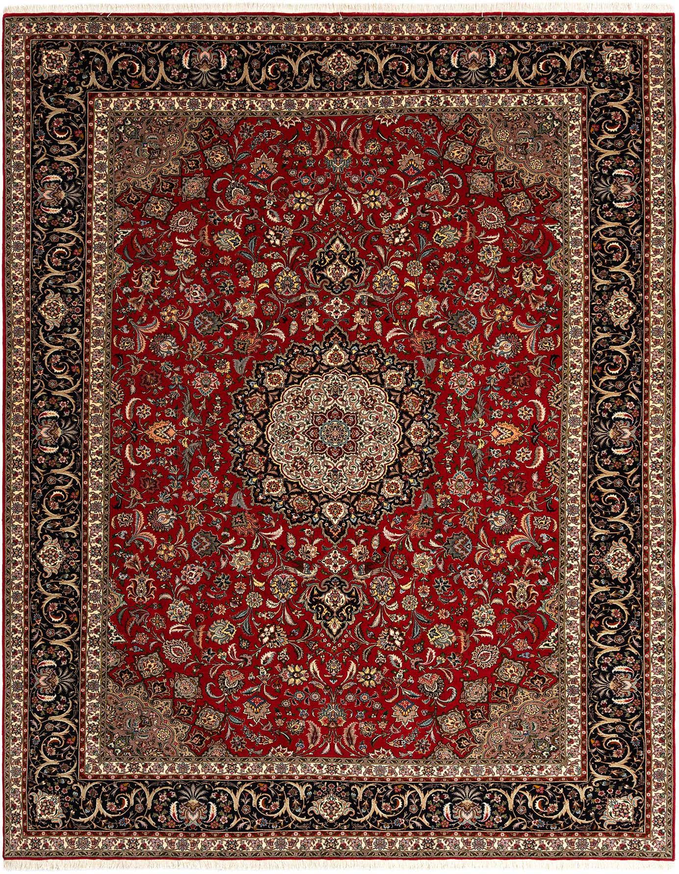 An 8x11 rectangular Persian rug with a rich red field, intricate floral patterns, and a central medallion, framed by a black and gold border.