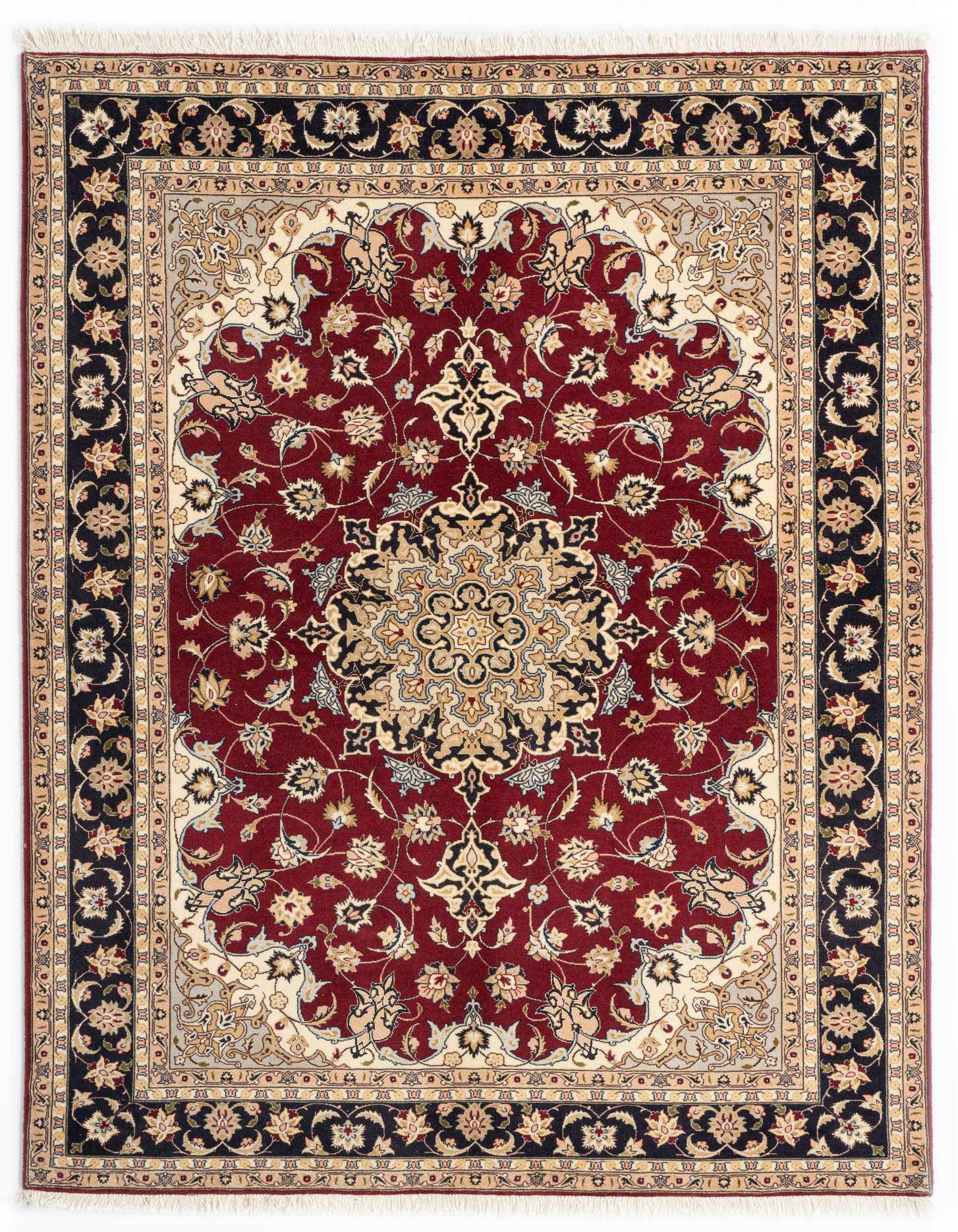 A handmade 4x6 rectangular Persian rug featuring a rich red field with an ornate central medallion and intricate floral patterns in black, cream, and gold.