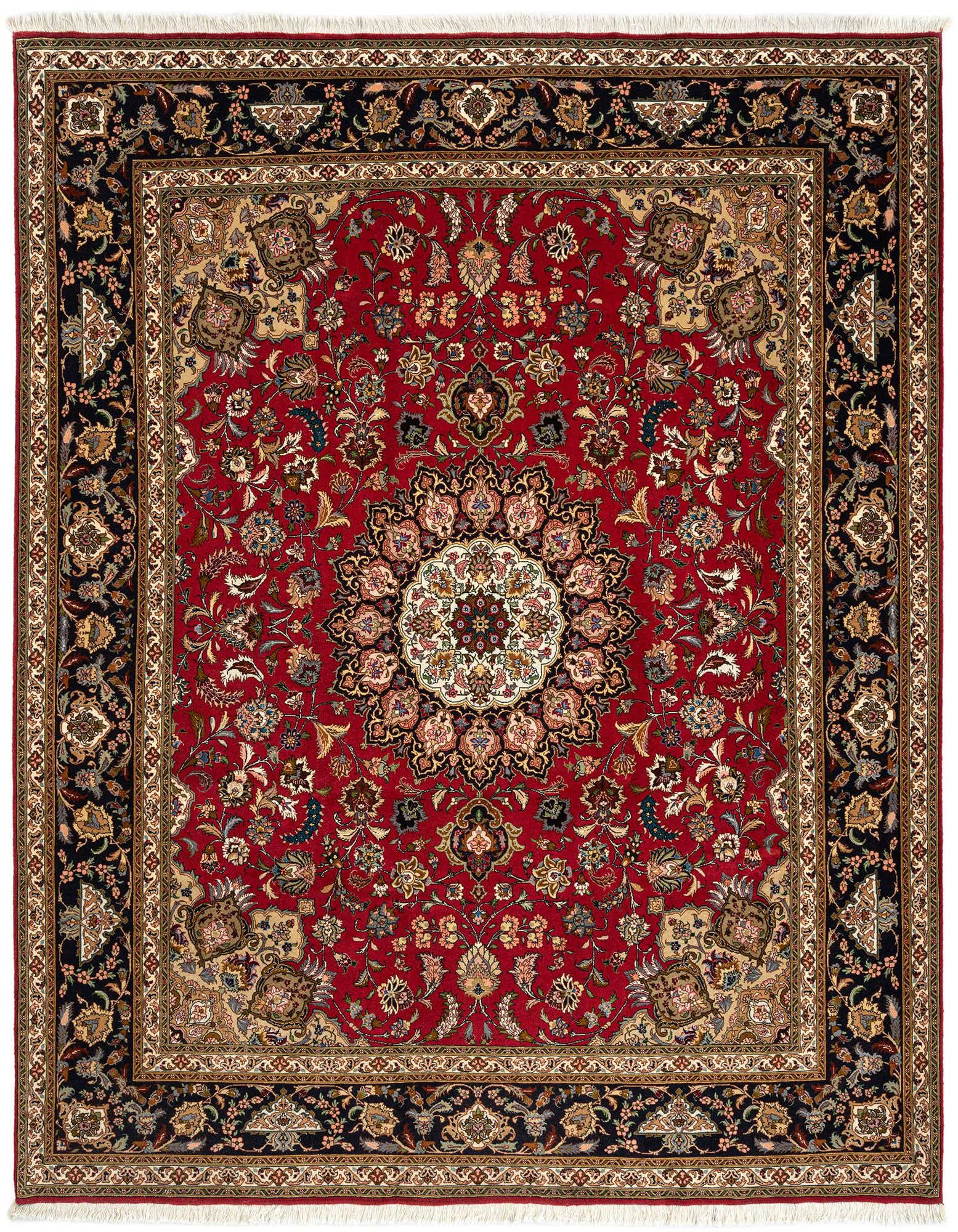 A 6x9 rectangular handmade Persian rug with a vibrant red field, intricate floral patterns, and a dark border.