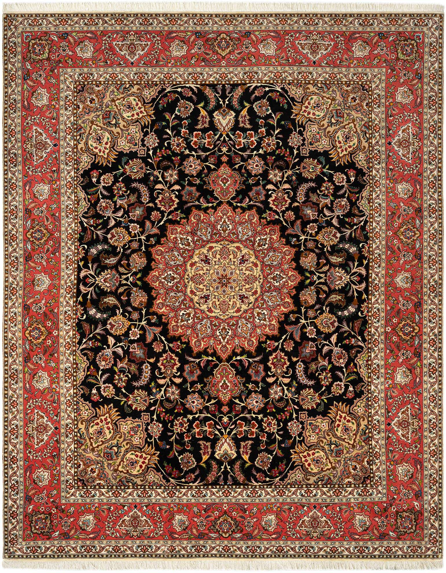 A luxurious 6x9 rectangular Persian Tabriz rug with a black field, red border, and intricate floral medallion.