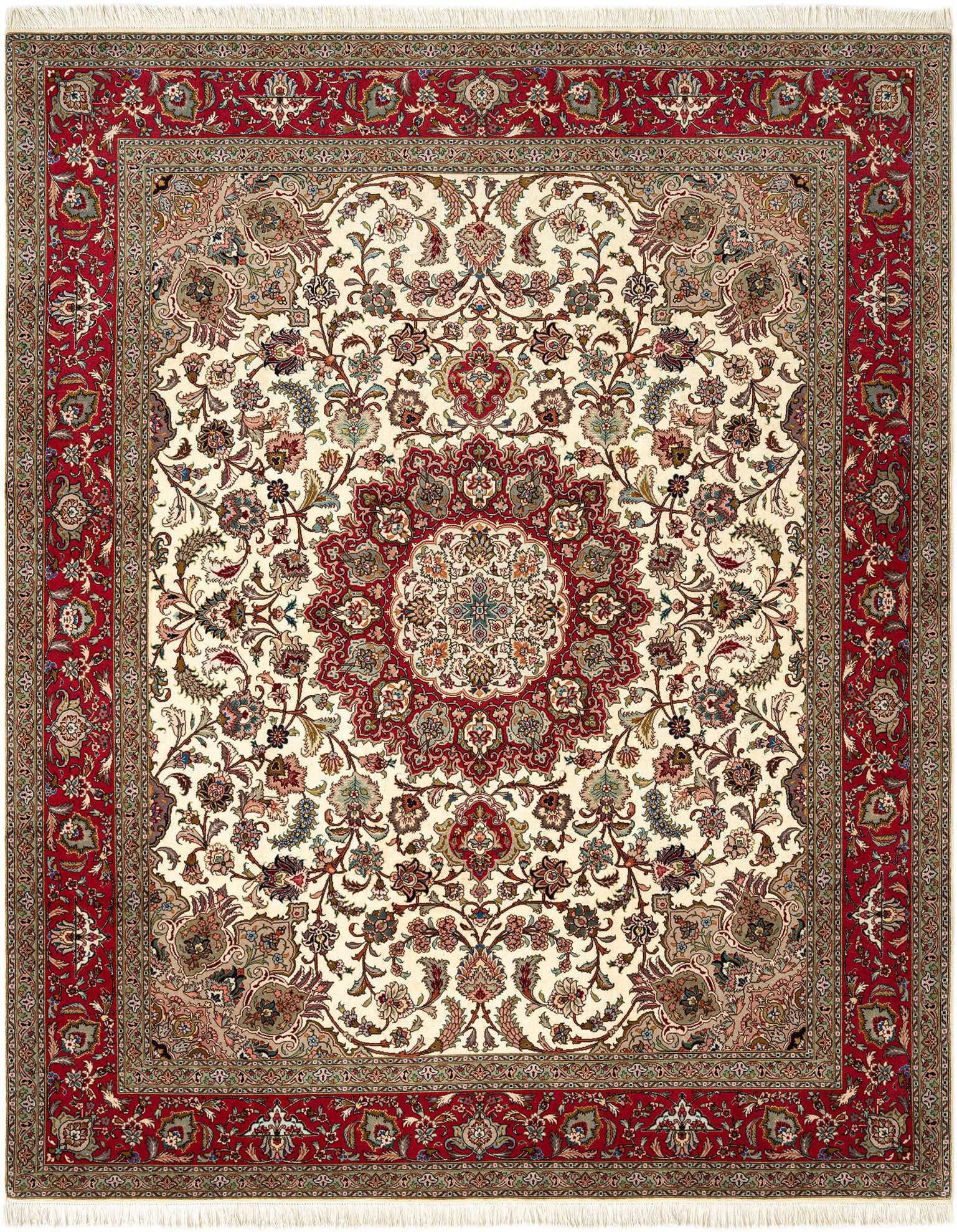 A 6x9 rectangular Persian rug with a cream field, red border, and intricate floral medallion pattern.