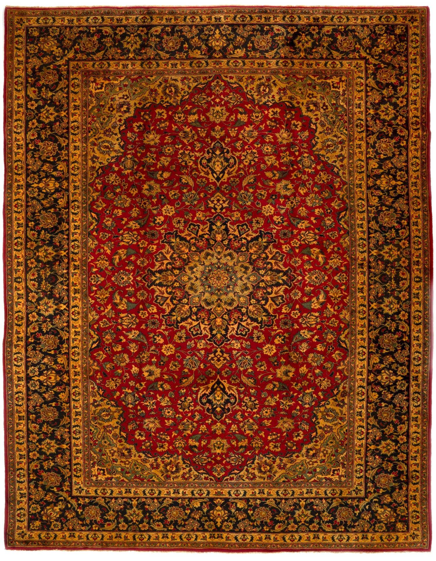 A 10x13 rectangular Tabriz Persian rug in rich red, black, and gold, featuring an intricate floral medallion pattern.