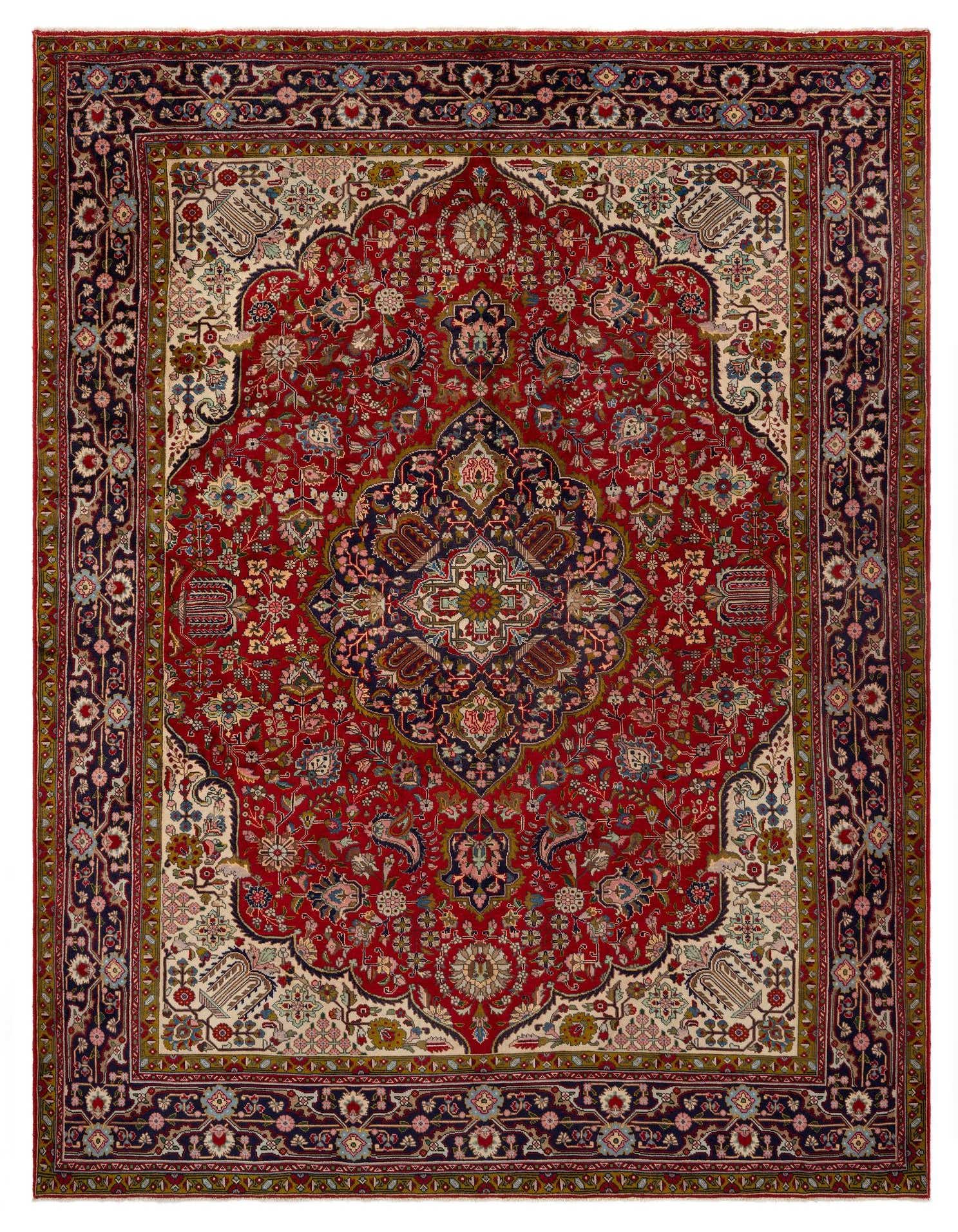 A rectangular 8x11 red Persian wool rug with an intricate floral medallion pattern and navy border.