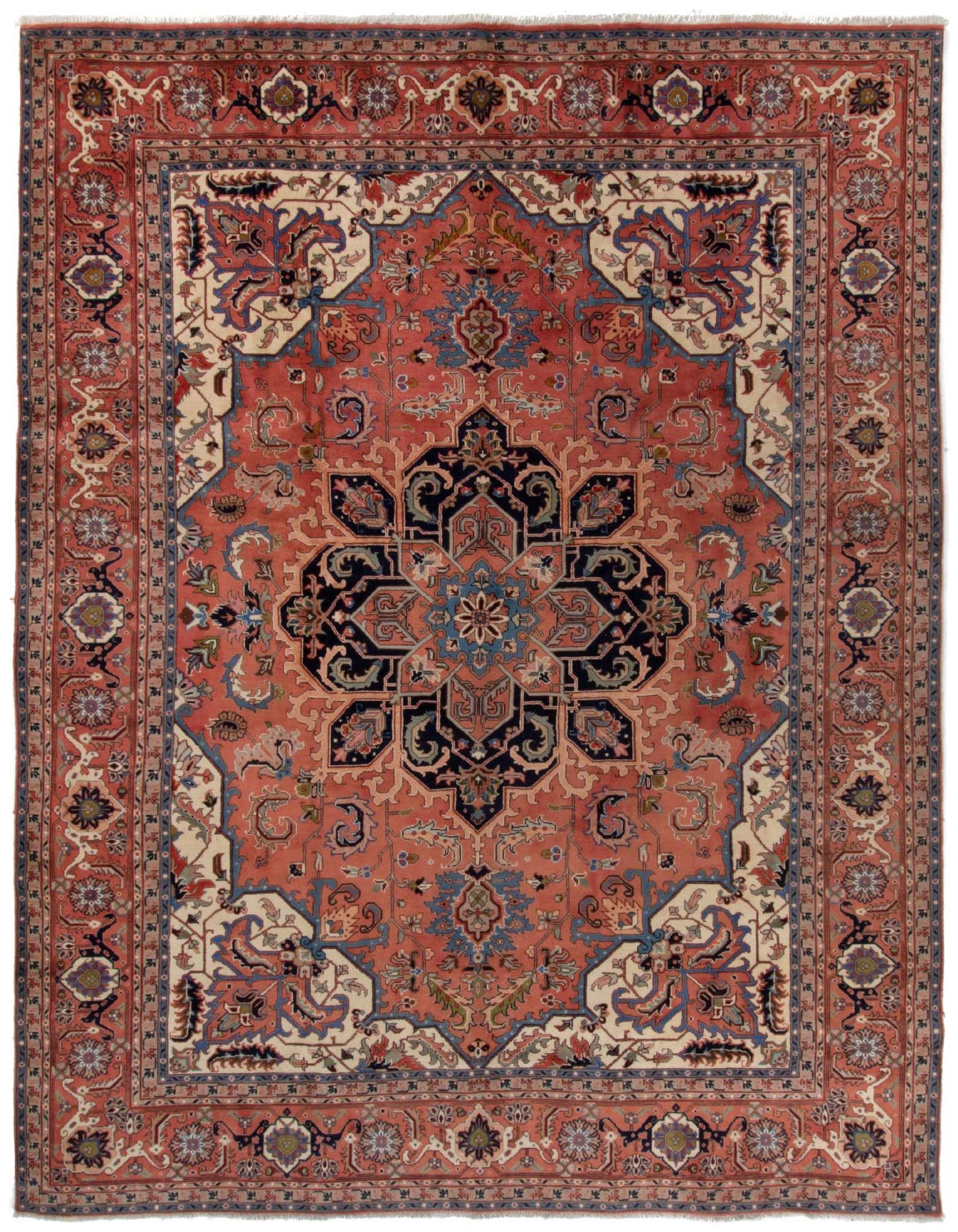 A 10x13 rectangular Persian Tabriz rug with a red field, intricate floral patterns, and a central navy medallion.