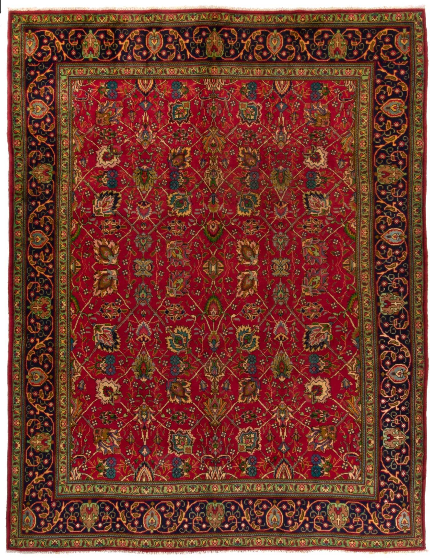 A 9x12 rectangular Tabriz Persian rug in rich red with intricate floral and vine patterns and a dark blue border, suitable for a living room.