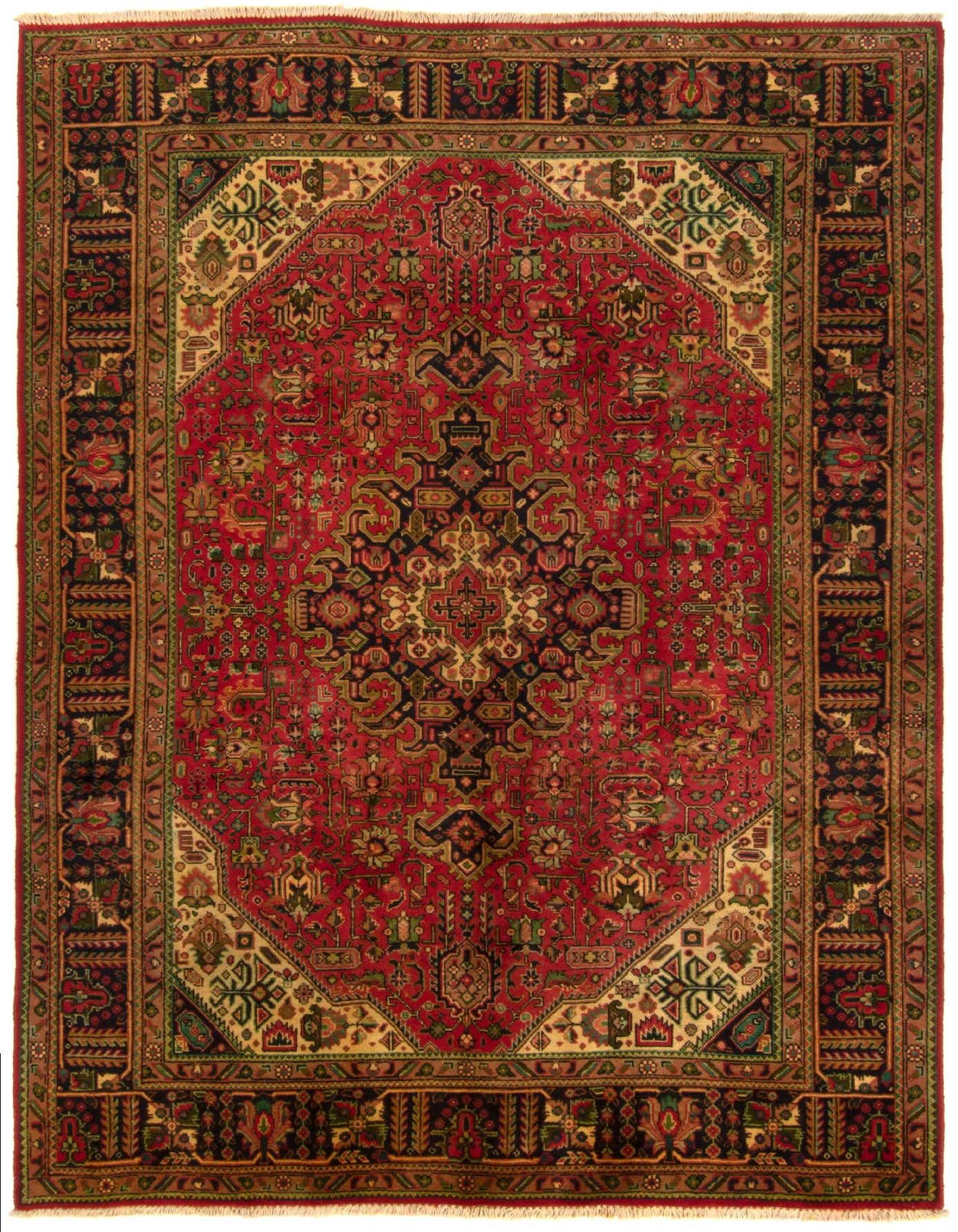 A 6x9 rectangular Tabriz Persian wool rug in rich reds, featuring an intricate oriental medallion pattern and detailed borders.