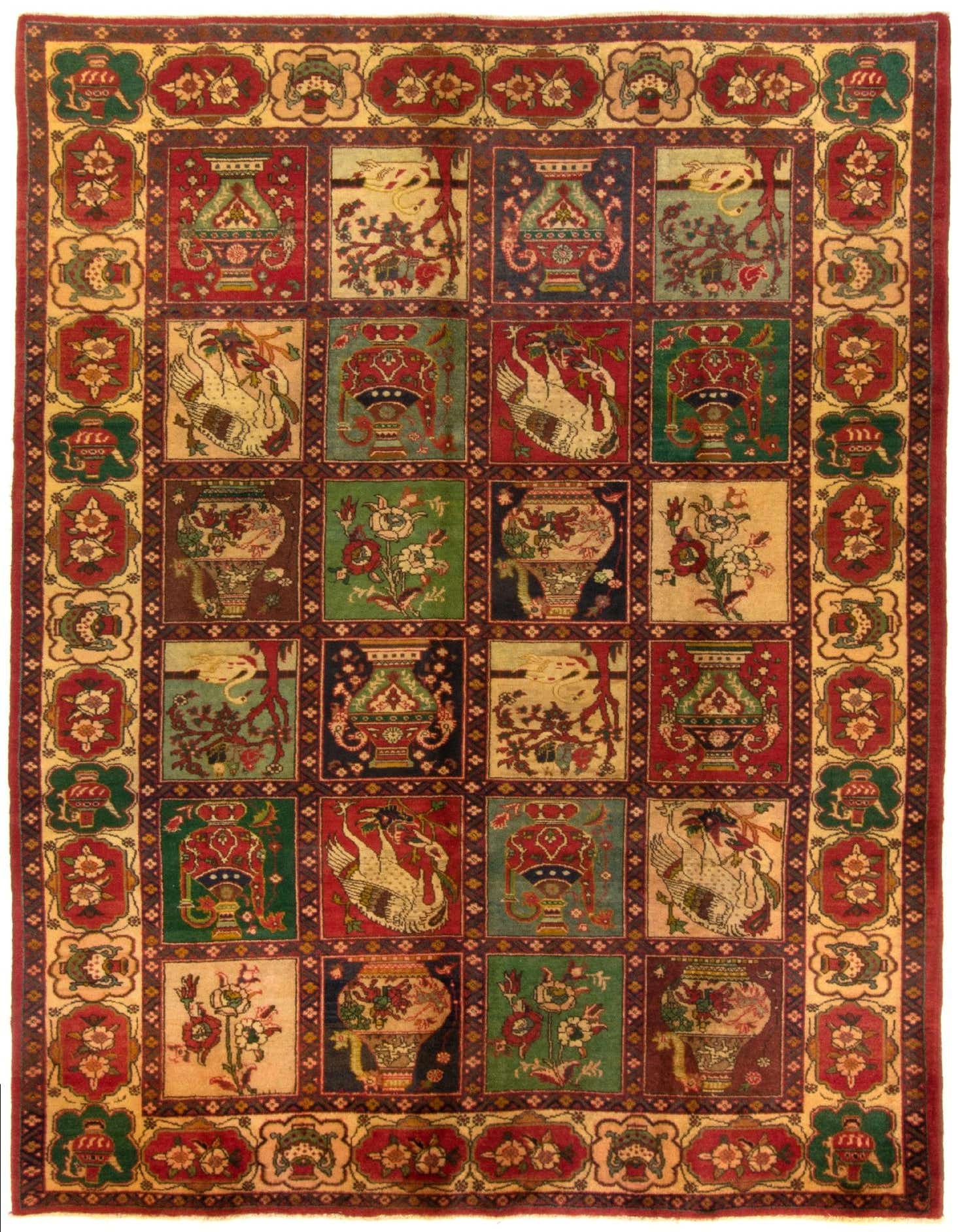 A 7x10 rectangular Tabriz Persian wool rug featuring a grid of colorful traditional motifs, including vases and birds, bordered by intricate floral patterns in reds, greens, blues, and creams.