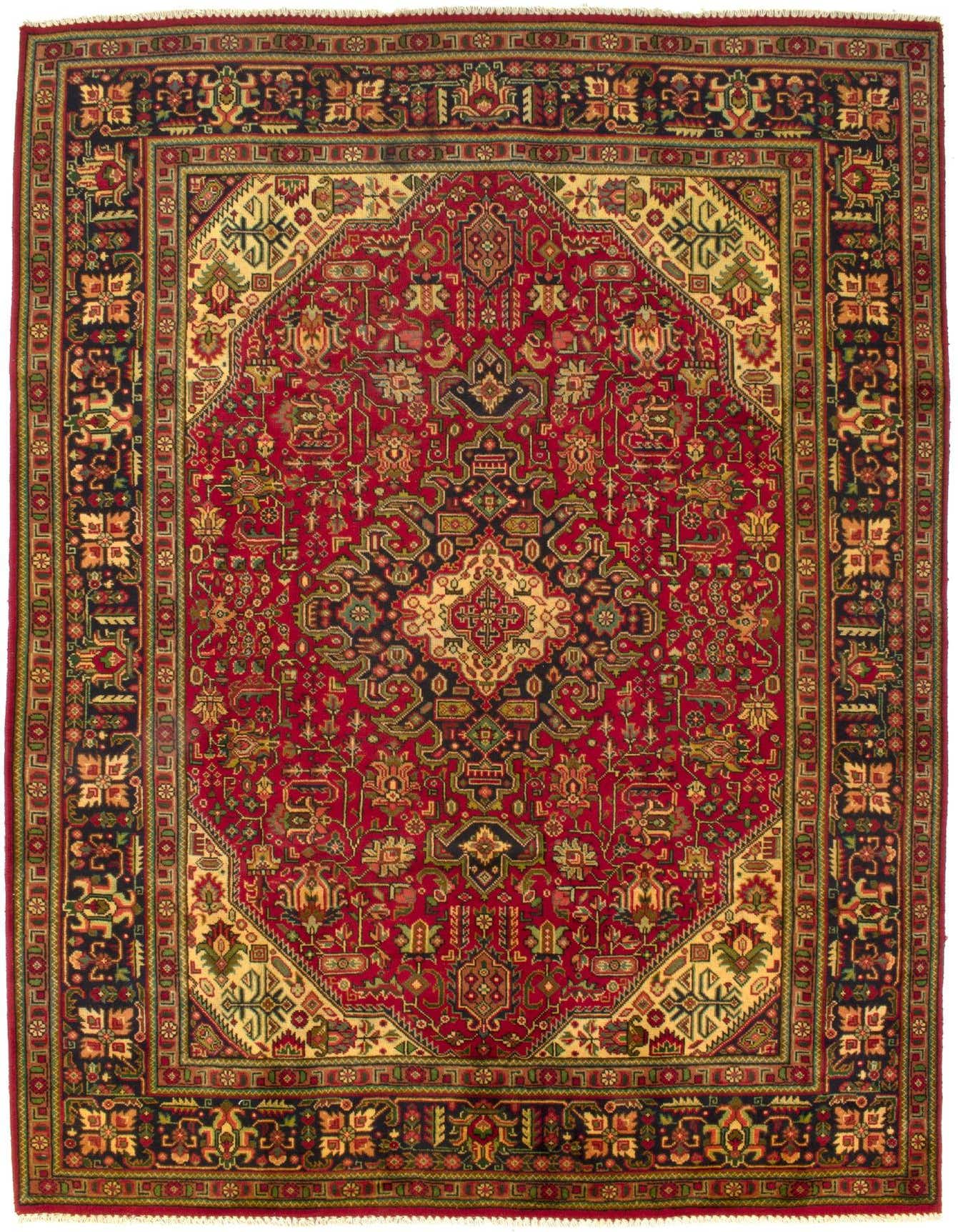 A 6x9 rectangular Tabriz Persian wool rug featuring a rich red field with intricate floral and medallion patterns in gold, navy, and green.
