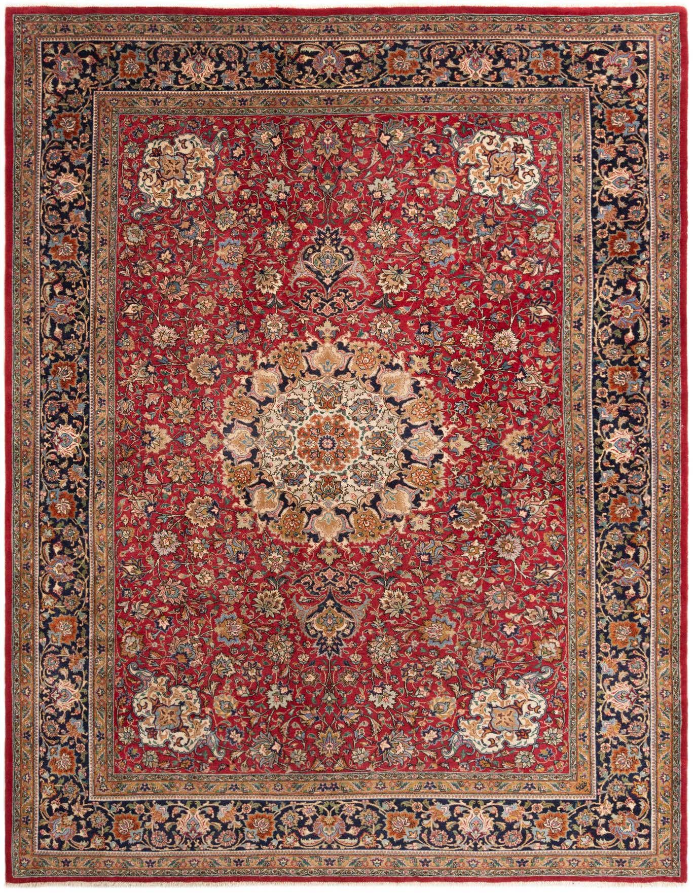 A 9x12 rectangular red traditional wool rug with an intricate floral medallion pattern and navy border, suitable for a living room.