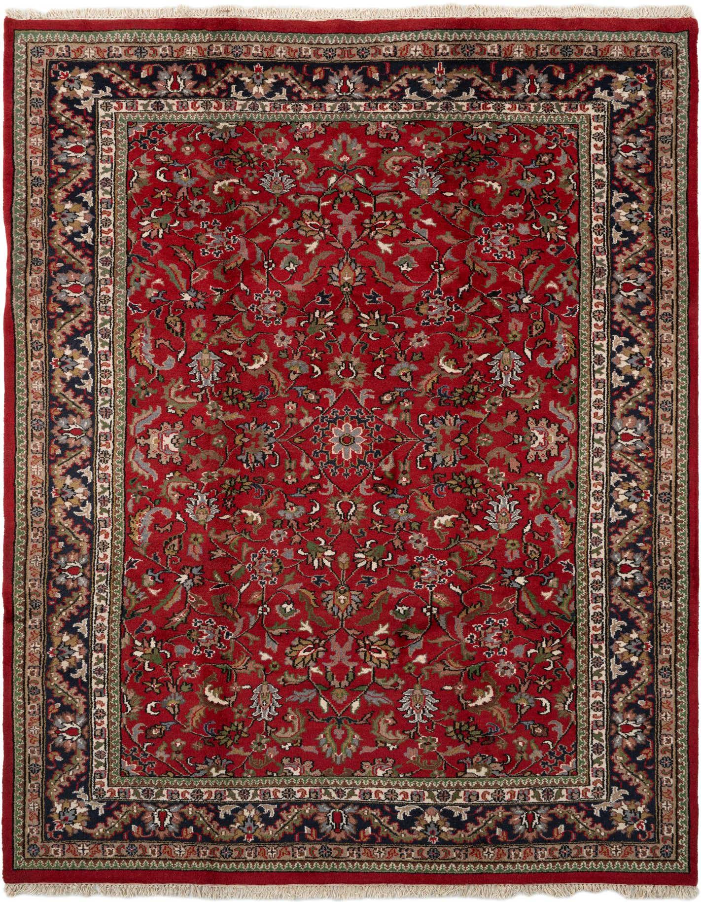 A rectangular 8x11 red modern wool rug with intricate floral patterns and a dark blue border, suitable for a living room.