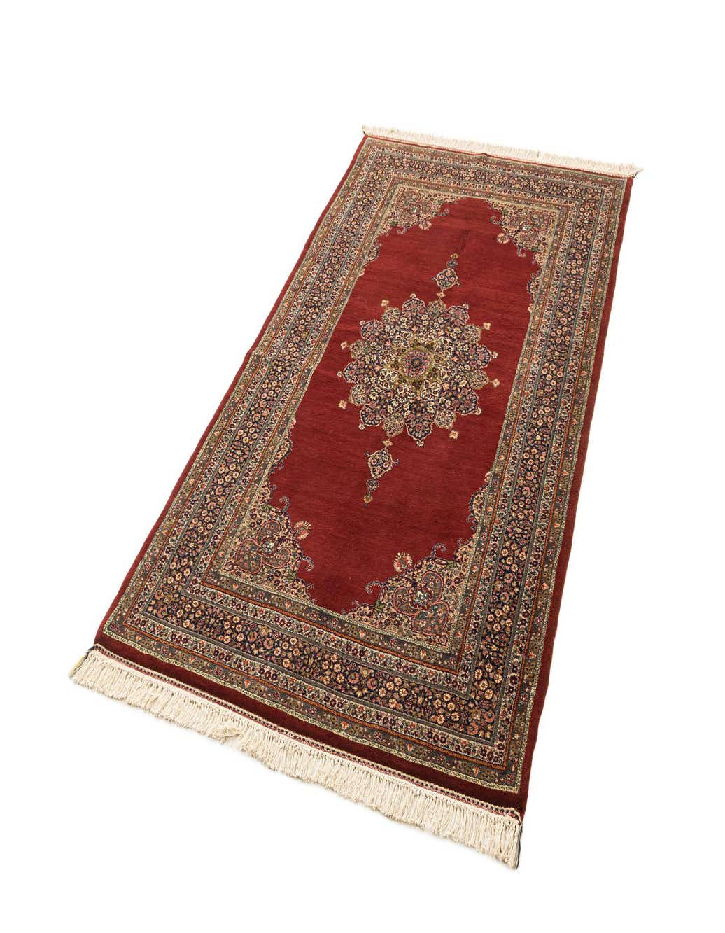 A 5x8 rectangular red wool rug with an intricate traditional medallion and floral border design.