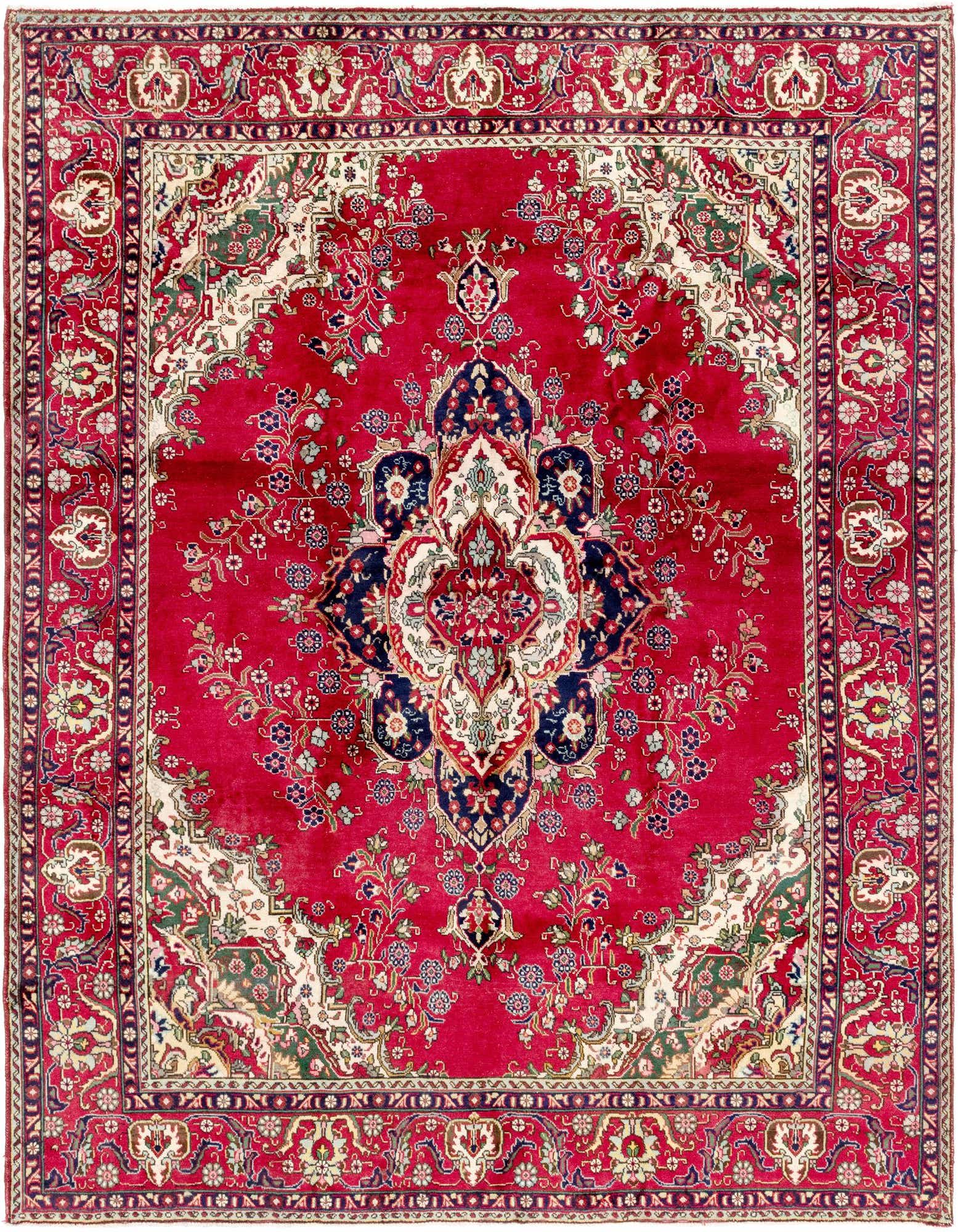 A 10x13 rectangular red Persian wool rug with a central medallion and intricate botanical patterns.