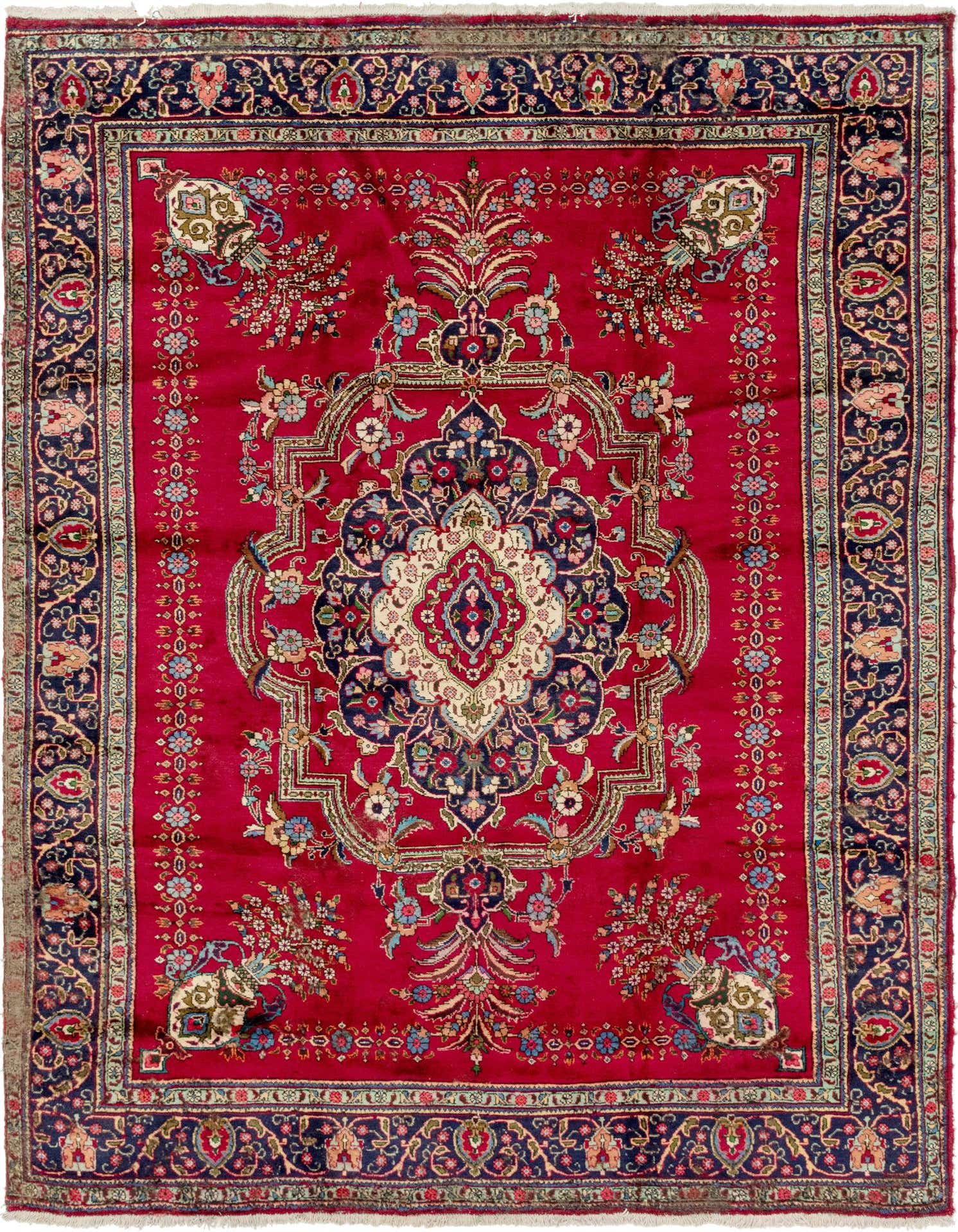 A 10x13 rectangular red Persian Tabriz rug with a central medallion and intricate floral patterns.