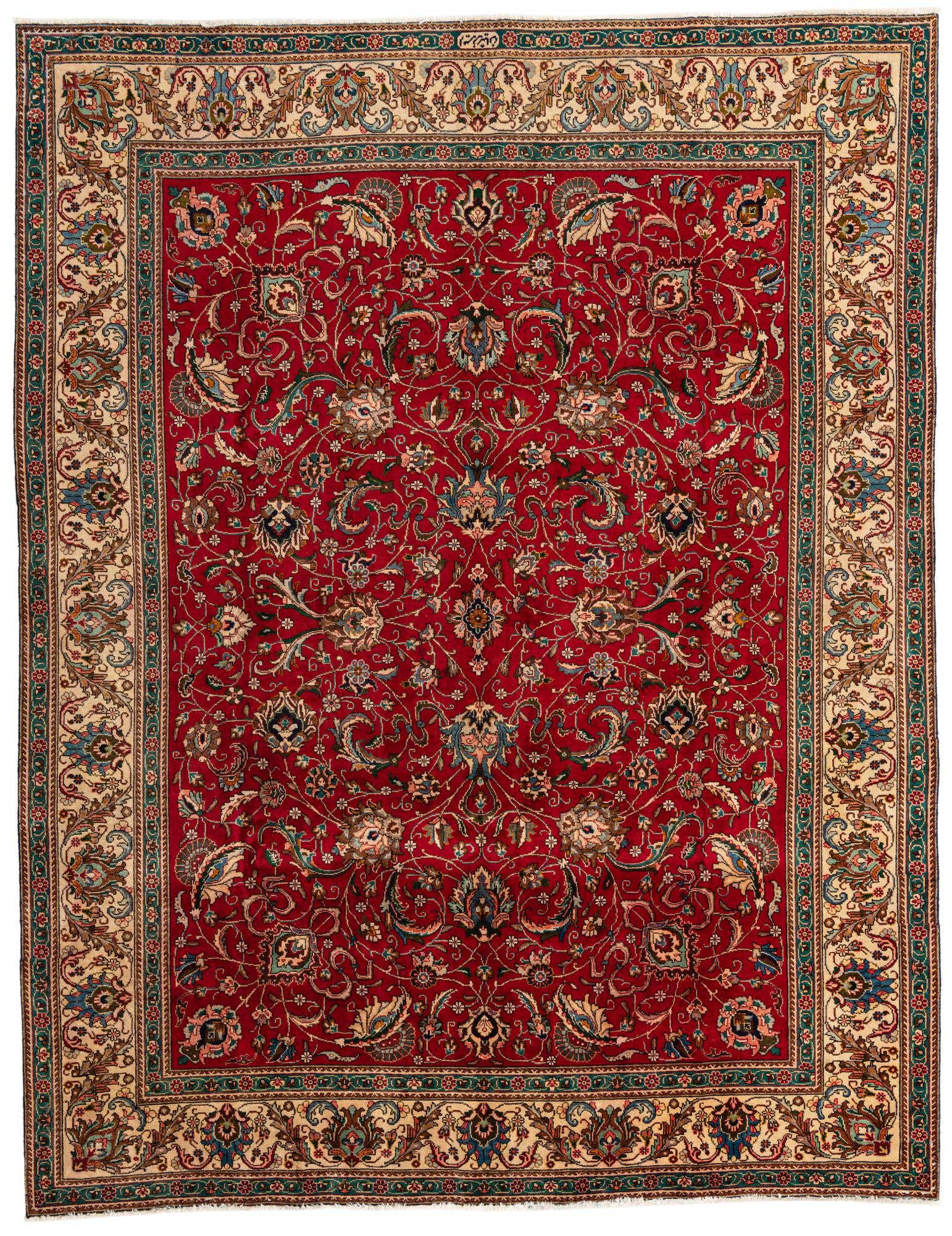 A 10x13 rectangular red Persian wool rug with intricate botanical and floral patterns, featuring a cream and teal border.