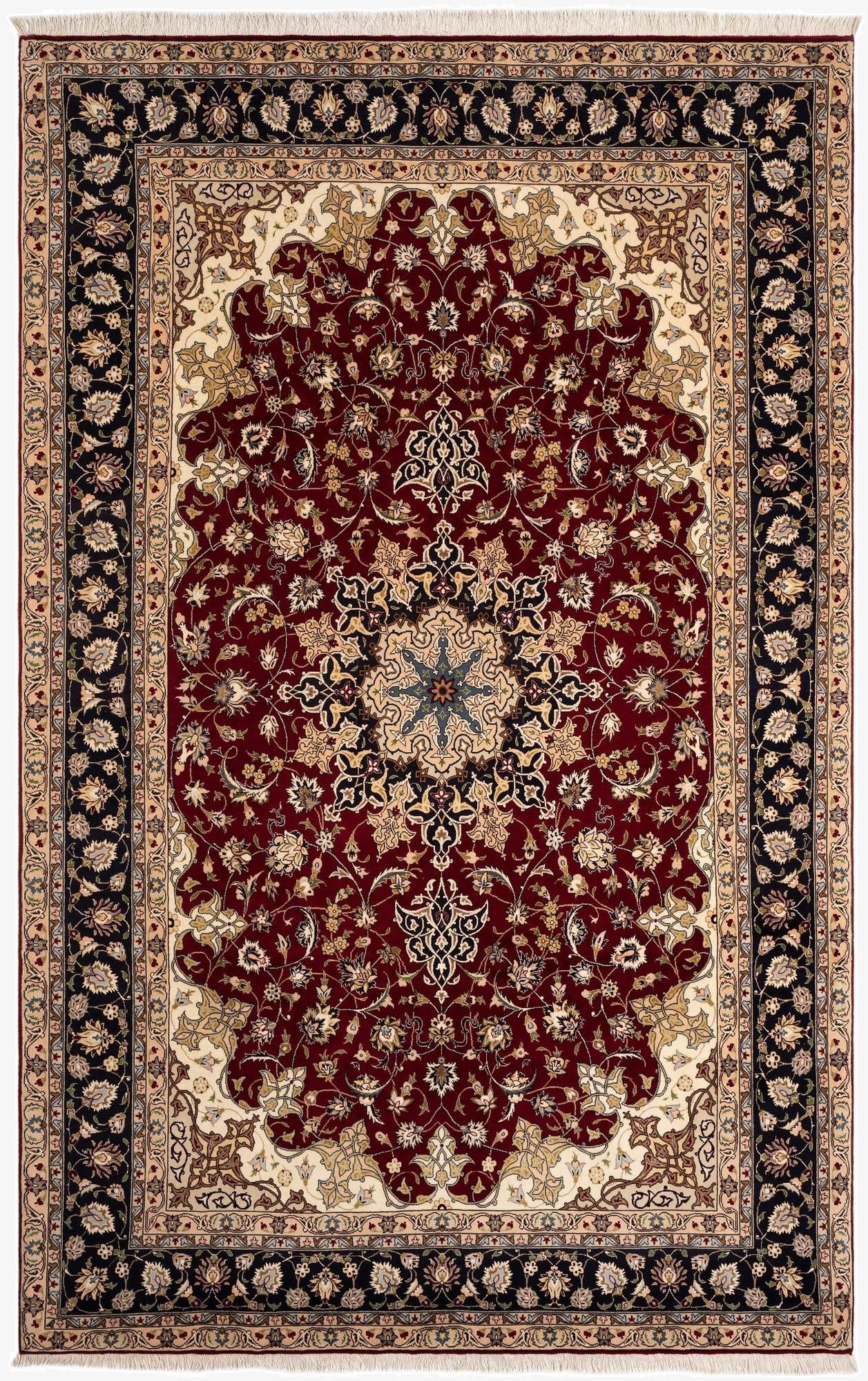 A 7x10 rectangular Tabriz Persian rug in rich red, black, and cream with intricate floral patterns.