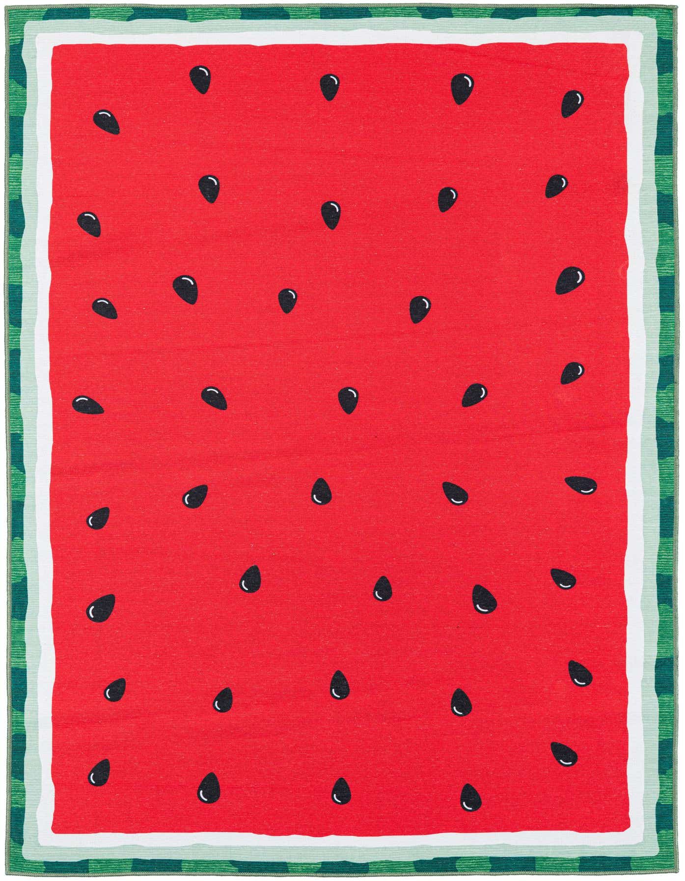 A 5x7 rectangular indoor rug with a vibrant red center patterned with black watermelon seeds, framed by a green and white striped border.