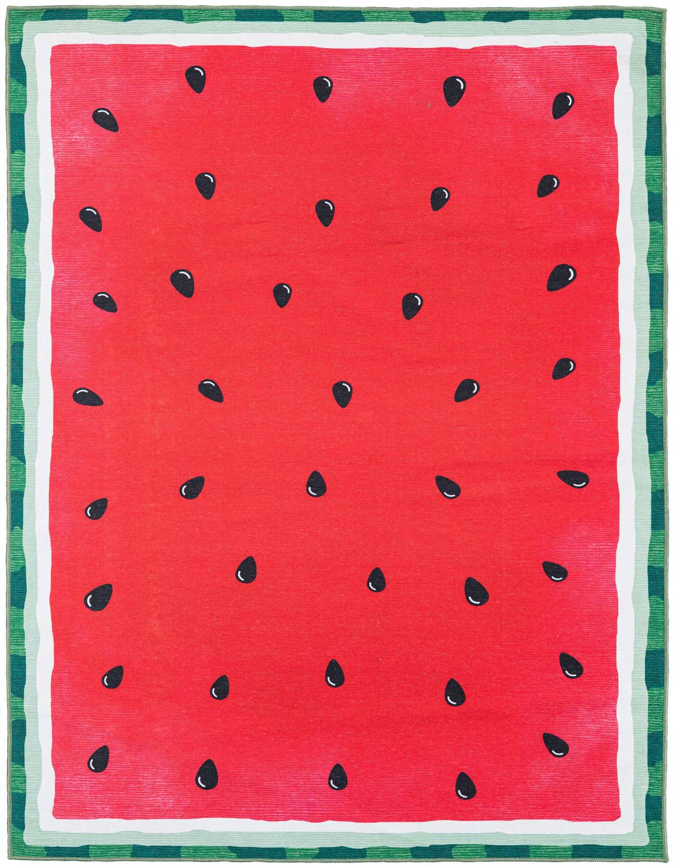 A 5x8 rectangular rug with a vibrant red center resembling a watermelon slice, complete with black seeds, and a green and white striped rind border.