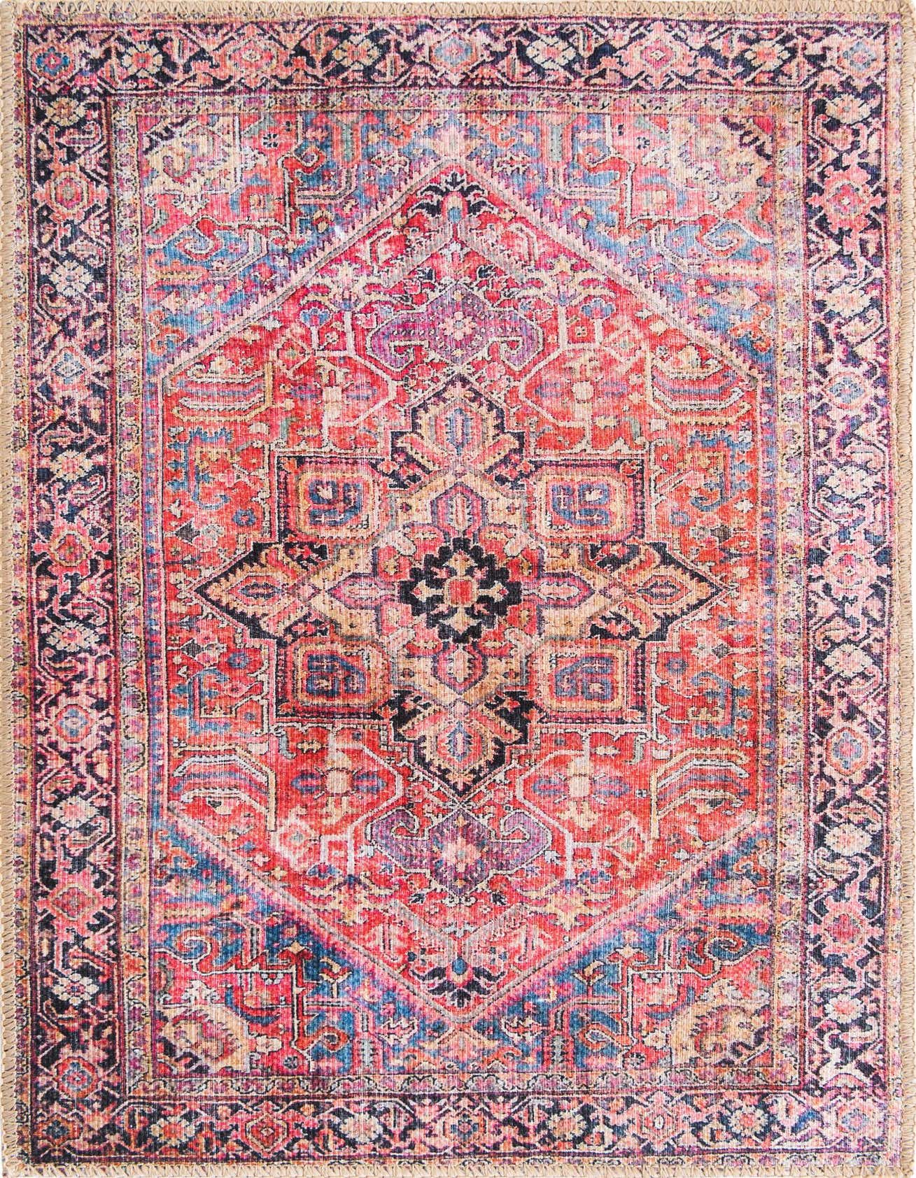 A 2x3 rectangular red Bohemian rug with a distressed medallion pattern in shades of red, blue, and purple.