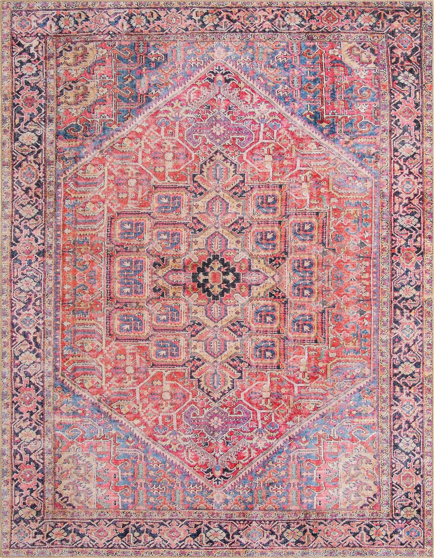A 7x10 rectangular Rugs.com Timeless area rug featuring a vibrant medallion and border pattern in various shades of red, blue, and gold.