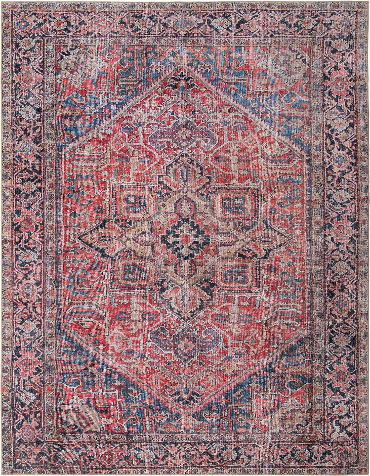 A 10x13 rectangular red transitional rug with a distressed medallion and oriental pattern, featuring shades of red, blue, and beige.