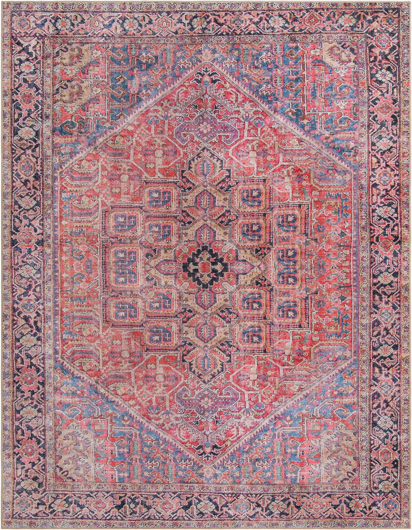 An 8x11 rectangular red Oriental rug with a faded vintage look, featuring a central medallion and intricate blue and beige patterns.